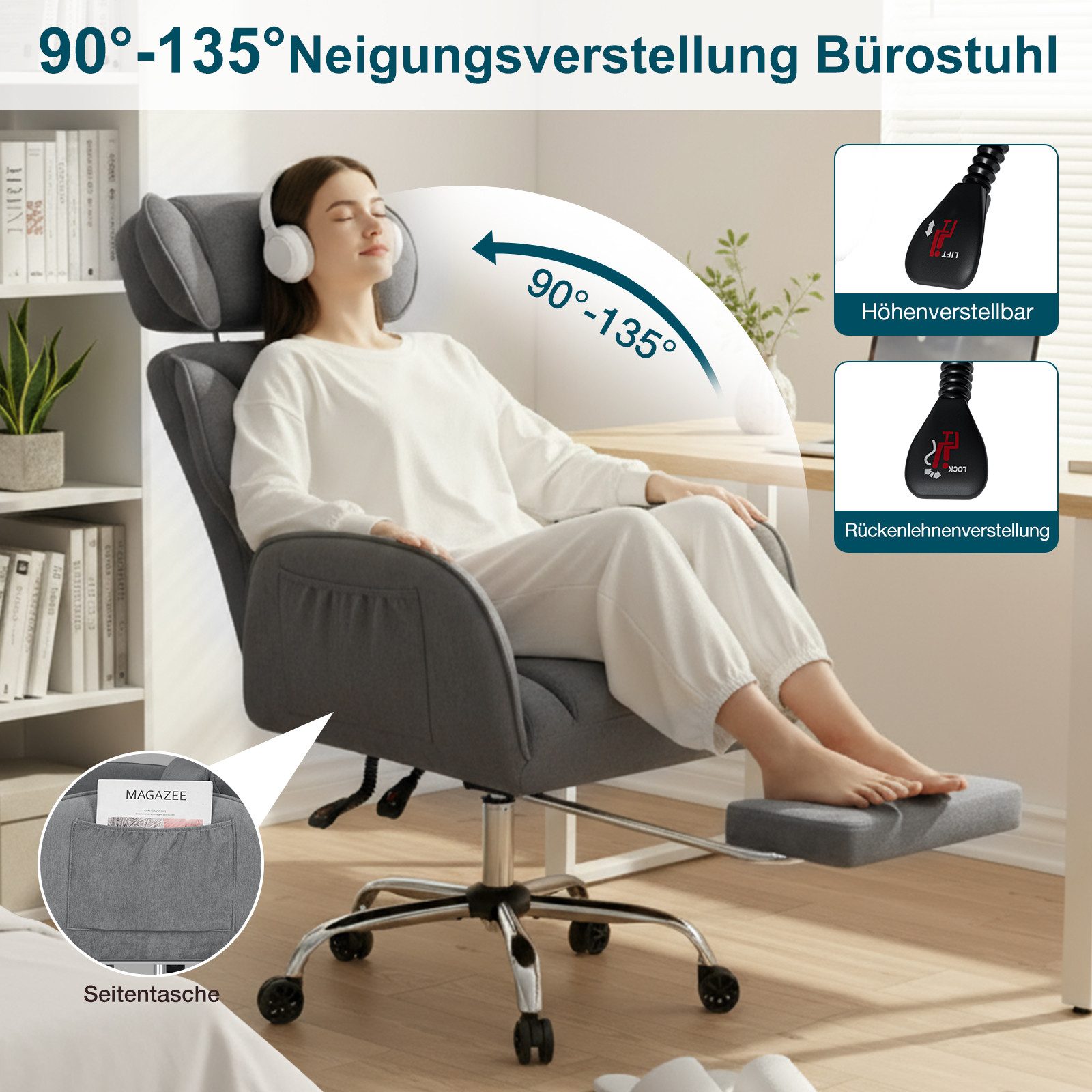 Hoffree Chefsessel Ergonomischer Bürostuhl Schreibtischstuhl Gaming Stuhl 200kg Belastbar (Breiter Sitz, 6cm höhenverstellbare Kopfstütze, 135° neigbar), Drehstuhl mit klappbarer Armlehnen,Fußstütze, extra dickes Sitzpolster