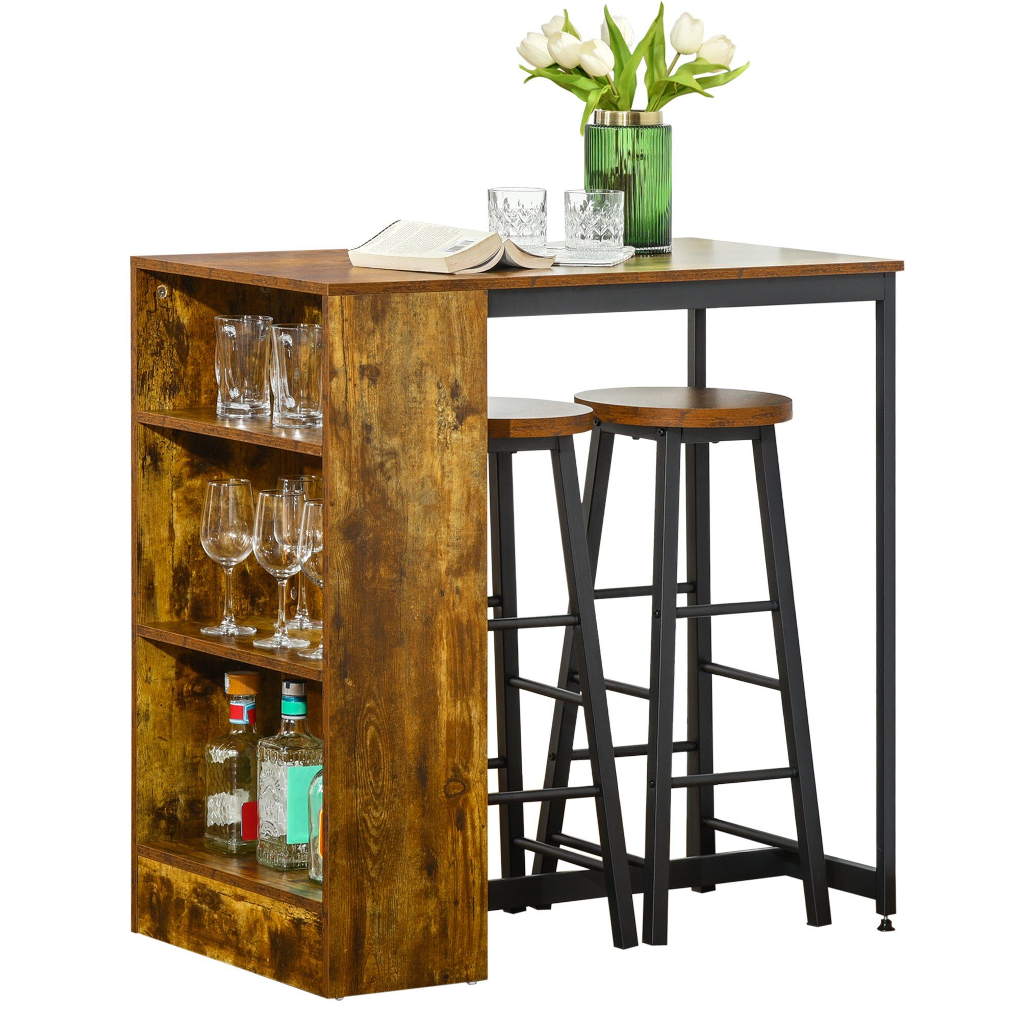 HOMCOM Bartisch Stehtisch Tresentisch Mit 3 Ablageflächen Bartheke Küchentisch Mit Holzoptik, Stahlgestell, Für Esszimmer, Küche, Braun, 120 X 40 X