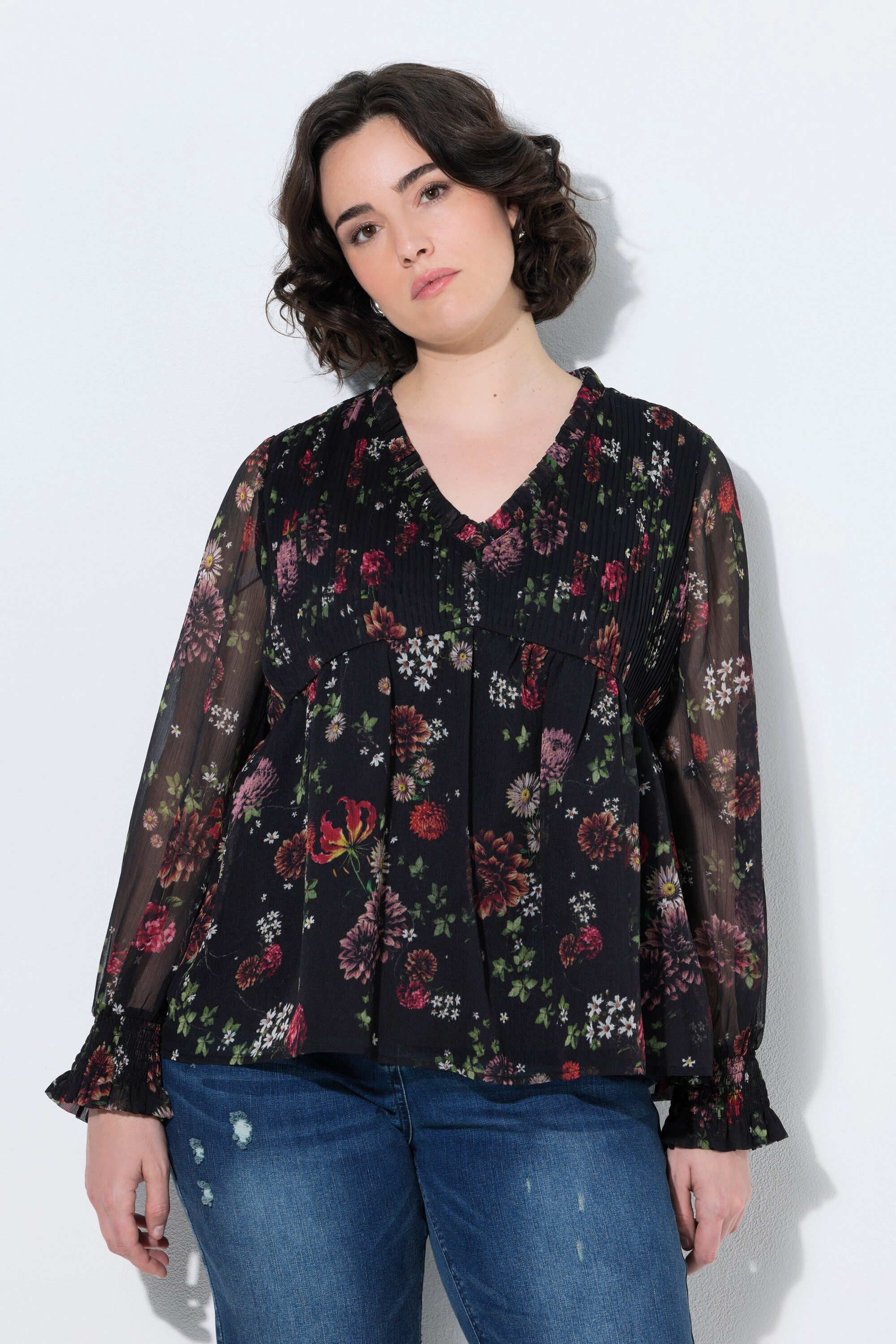 Ulla Popken Longbluse Chiffonbluse Blüten A-Linie V-Ausschnitt Langarm