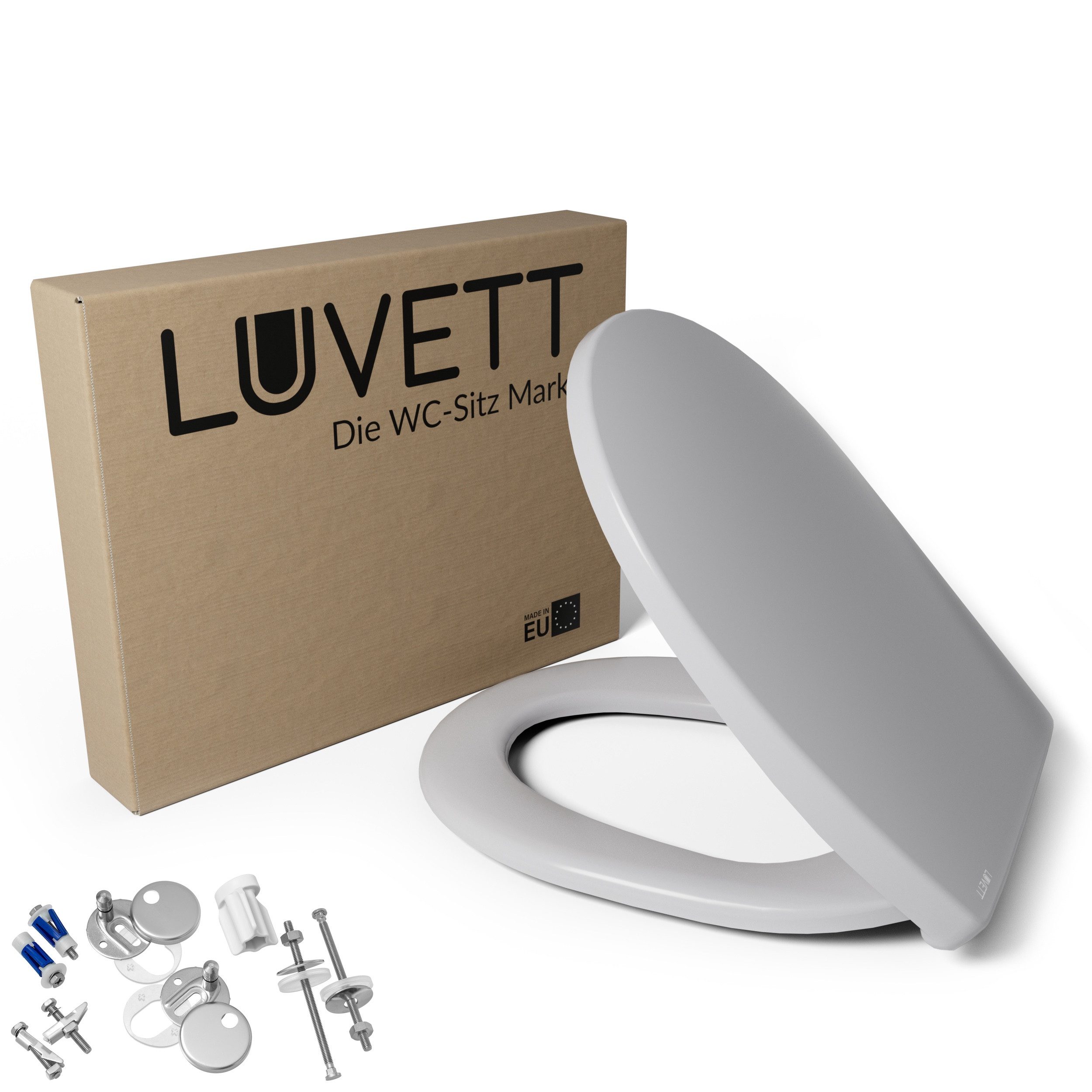 LUVETT WC-Sitz C100 mit Absenkautomatik, Duroplast sanitär, Universelle O-Form (Komplett-Set, Inklusive 3 Befestigungsarten), mit Original SoftClose® Absenkautomatik, Duroplast