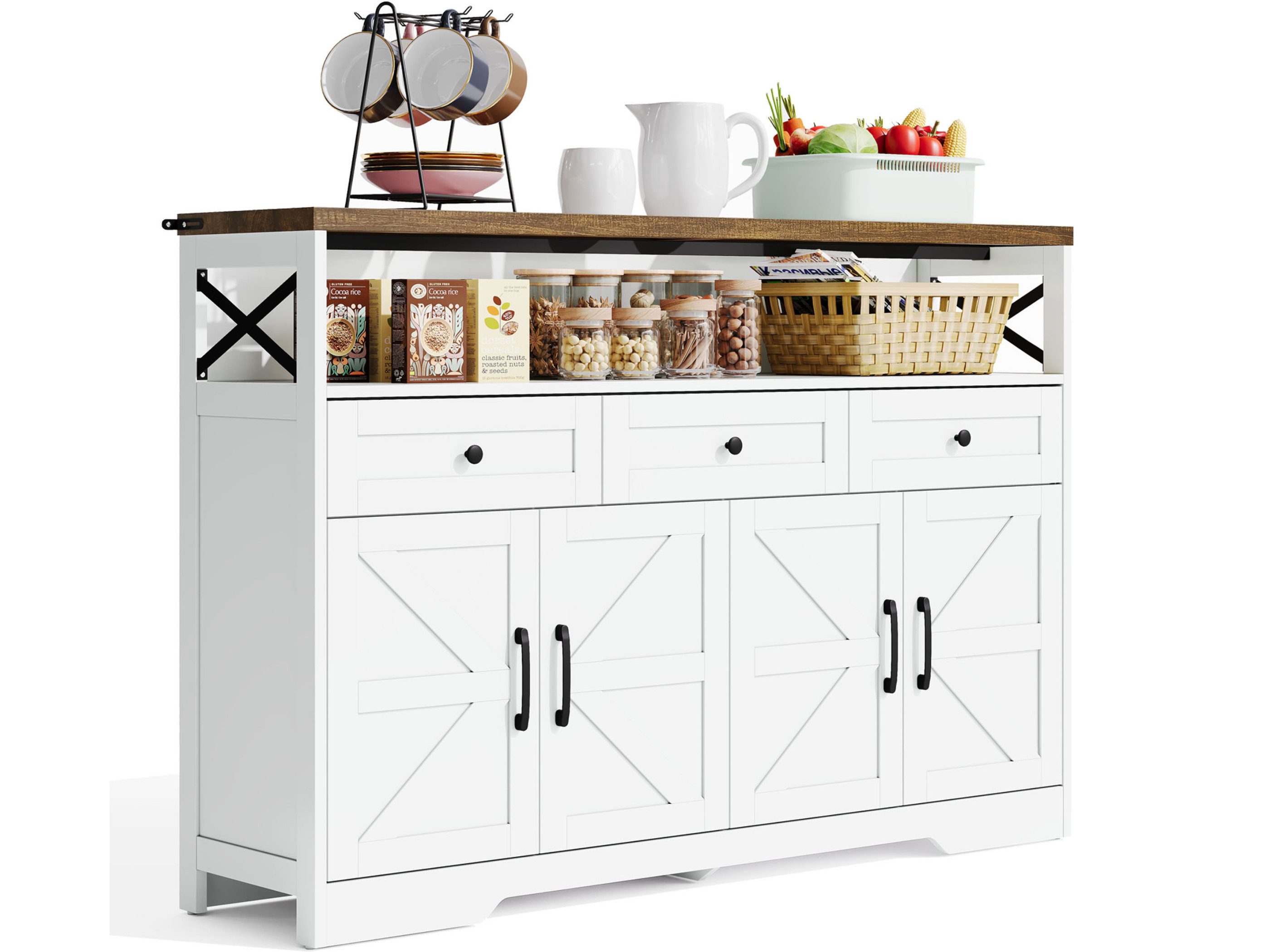 SeedWave Buffet Vielseitges Sideboard, Breite 140cm, mit 3 Schubladen, 4 Schranktüren Wandbefestigung, X-Schutzgeländern, Verstellbare Einlegeböden