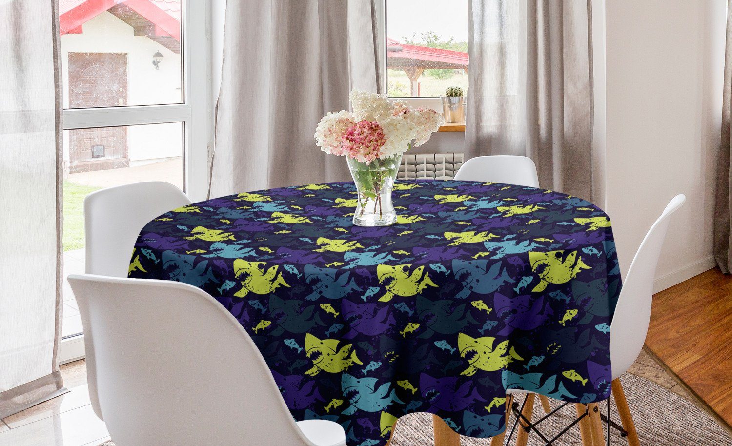 Abakuhaus Tischdecke Kreis Tischdecke Abdeckung für Esszimmer Küche Dekoration, Nautisch Grunge Haifisch-Schattenbilder | Tischdecken