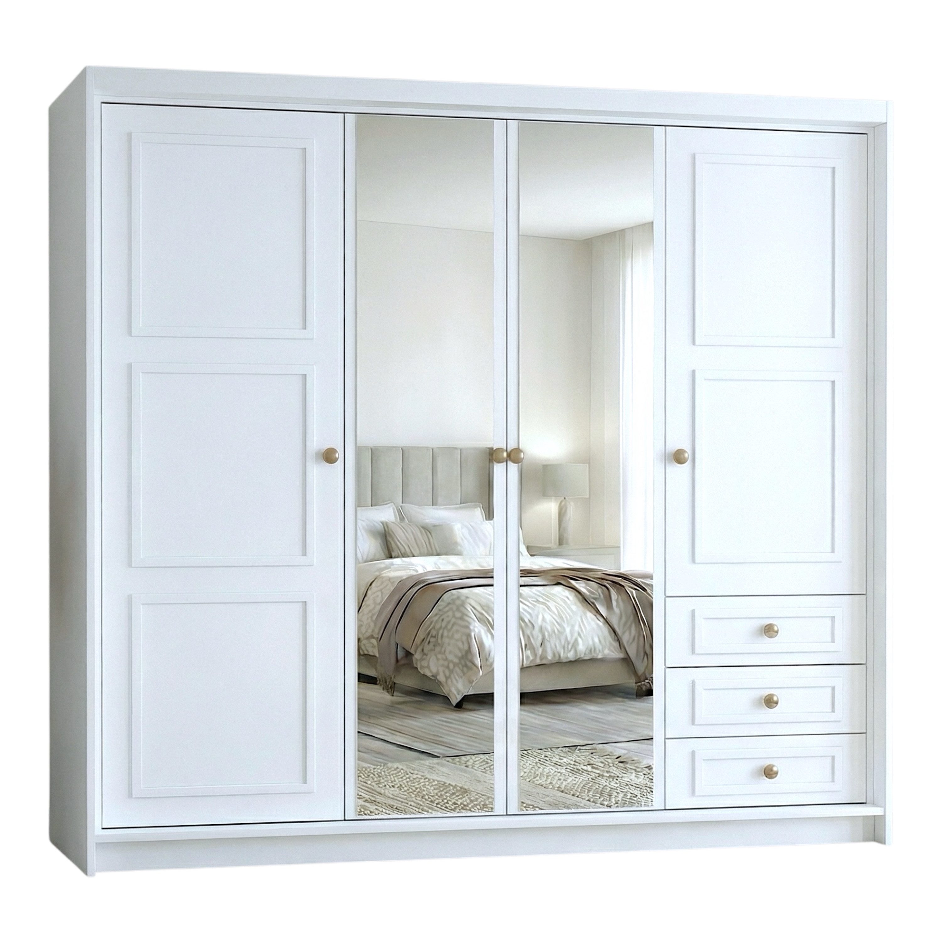 A&J MöbelLand GmbH Drehtürenschrank OSLO viertüriger Kleiderschrank mit Schubladen und Metallgriffen (Geräumiger viertüriger Kleiderschrank mit Schubladen und Metallgriffen. Geräumiger Schrank mit einer Breite von 200 cm und Schubladen, ideal zur Aufbewahrung von Kleidung und Accessoires. Viel Stauraum. TOP PRODUKT! Wählen Sie das ideale Modell für Ihr Schlafzimmer!, TOP ANGEBOT) Breite: 200 cm, Höhe: 215 cm, Tiefe: 59,5 cm