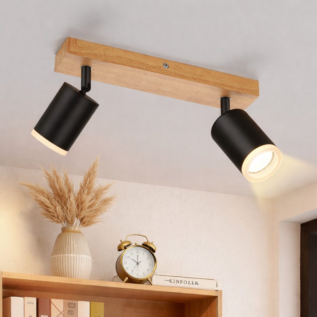 Nettlife Deckenstrahler Schwarz/Weiß GU10 Holz Vintage Deckenspots Küchenlampe, Schwenkbar, LED wechselbar, 350°Drehbar Flur Strahler Industrial für Wohnzimmer Schlafzimmer Küche