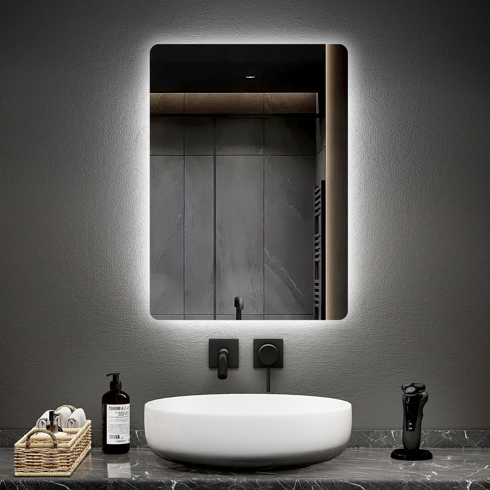 EMKE LED-Lichtspiegel Wandspiegel mit Beleuchtung LED Badspiegel Klein mit Beschlagfrei, 2 Lichtfarbe Warmweiß/Kaltweiß, Knopfschalter, IP44