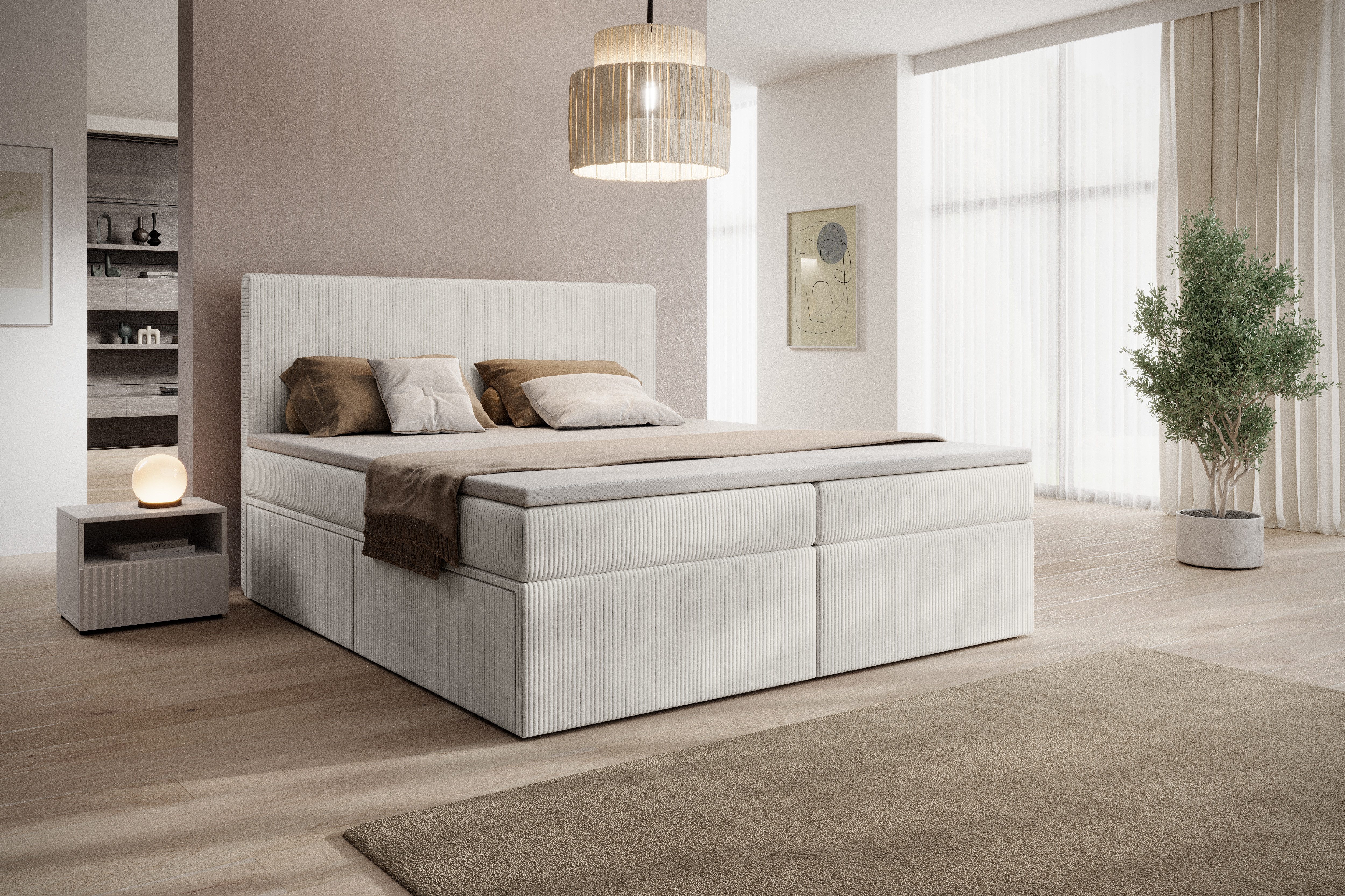 PROMETO Möbel Boxspringbett Doppelbett mit 4 Schubladen, Topper, Kopfteil 180x200cm POSO-Cordstoff, inkl. Taschenfederkern-Matratze (7-Zonen)