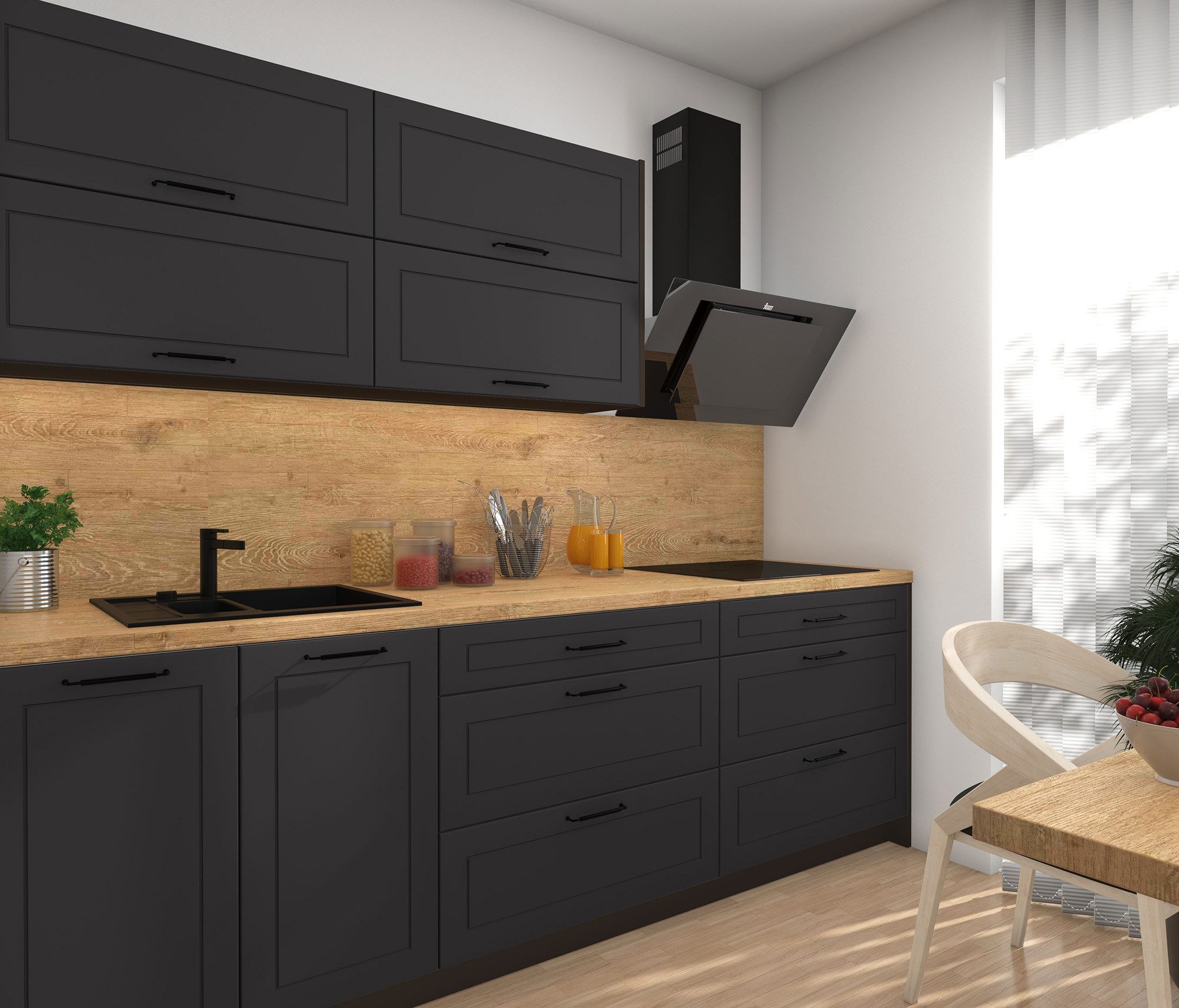 Feldmann-Wohnen Küchenzeile Kvantum, (Klappen mit Gasdruckdämpfer, Hettich InnoTech), 240cm, 7-tlg, Lava / Graphit Matt - Hettich InnoTech