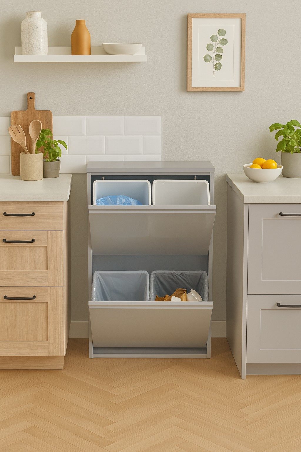 moebel-direkt-online Mülltrennsystem Madrid, zwei Klappen, dahinter je zwei Kunststoffeimer, aus Metall