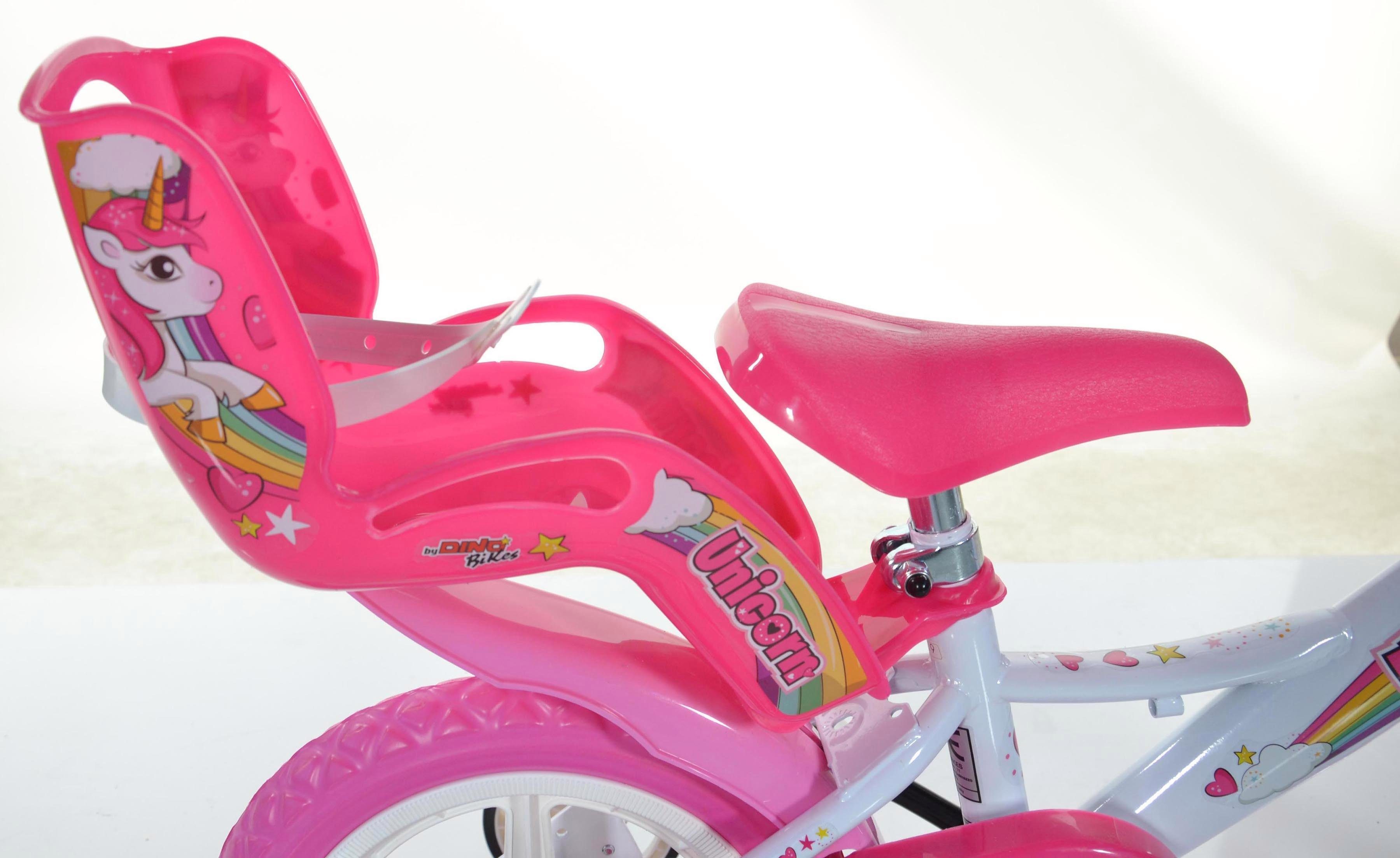 Dino Bikes Kinderfahrrad 16" Unicorn Einhorn Kinderfahrrad Mädchenfahrrad Freilauf 4–7 Jahre, 1 Gang, mit Stützrädern, Korb und Puppensitz