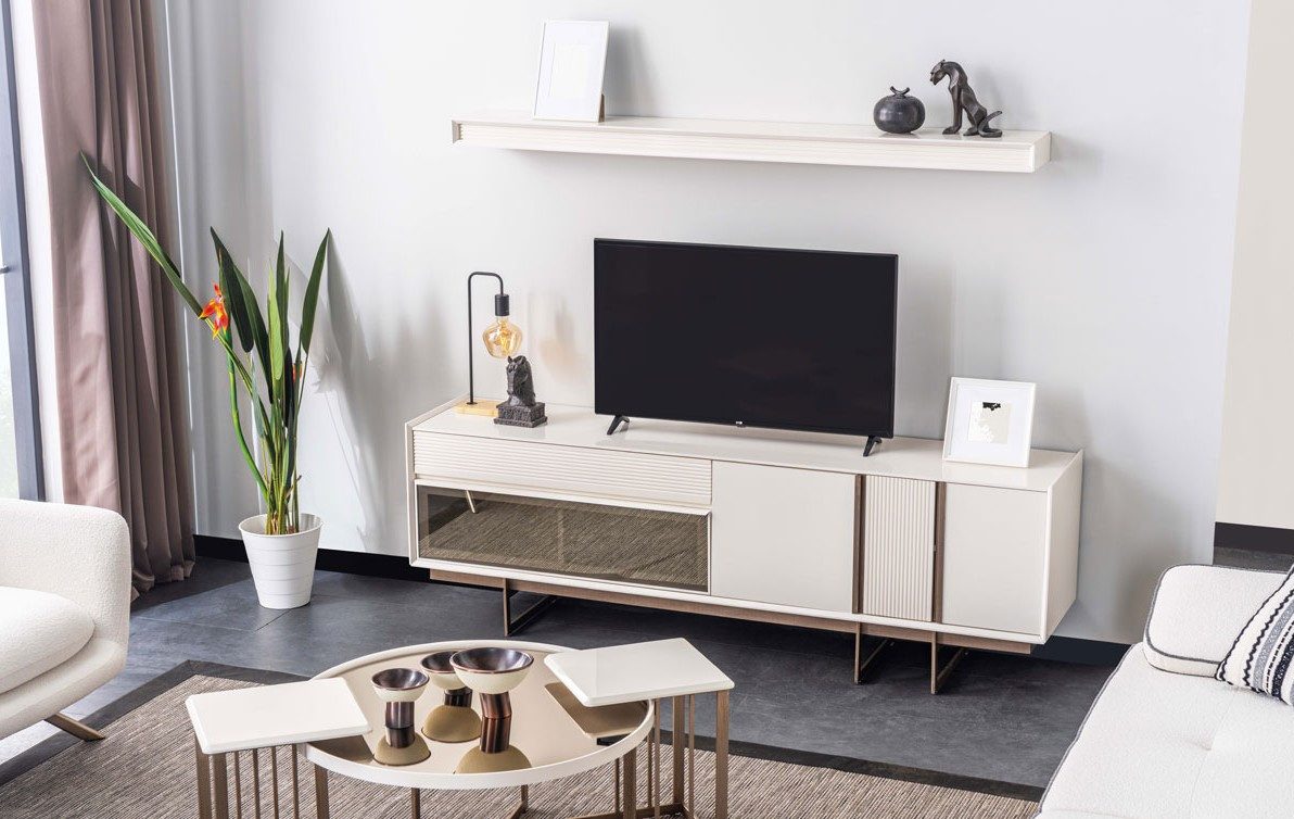 Xlmoebel Wohnwand XLMOEBEL TV-Lowboard aus Glas und Holz mit Regalen, Made in Europa