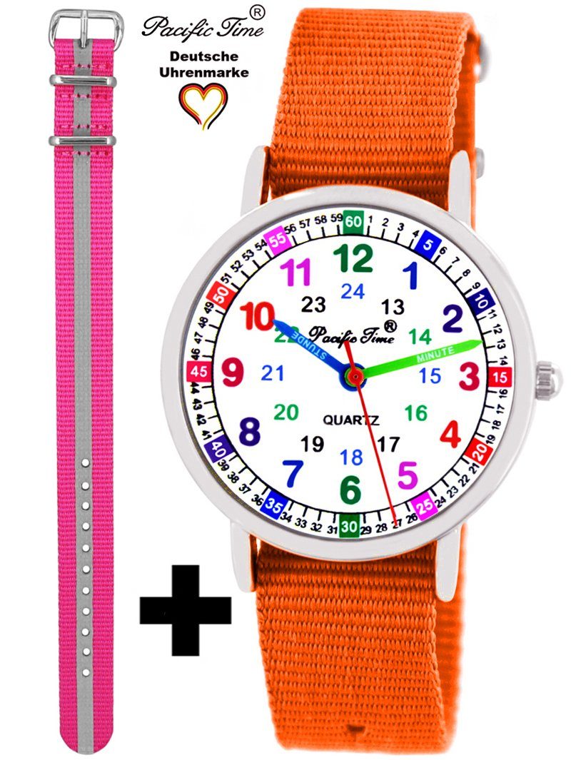 Pacific Time Quarzuhr Set Kinder Armbanduhr Lernuhr Wechselarmband, Mix und Match Design - Gratis Versand orange und reflektor pink