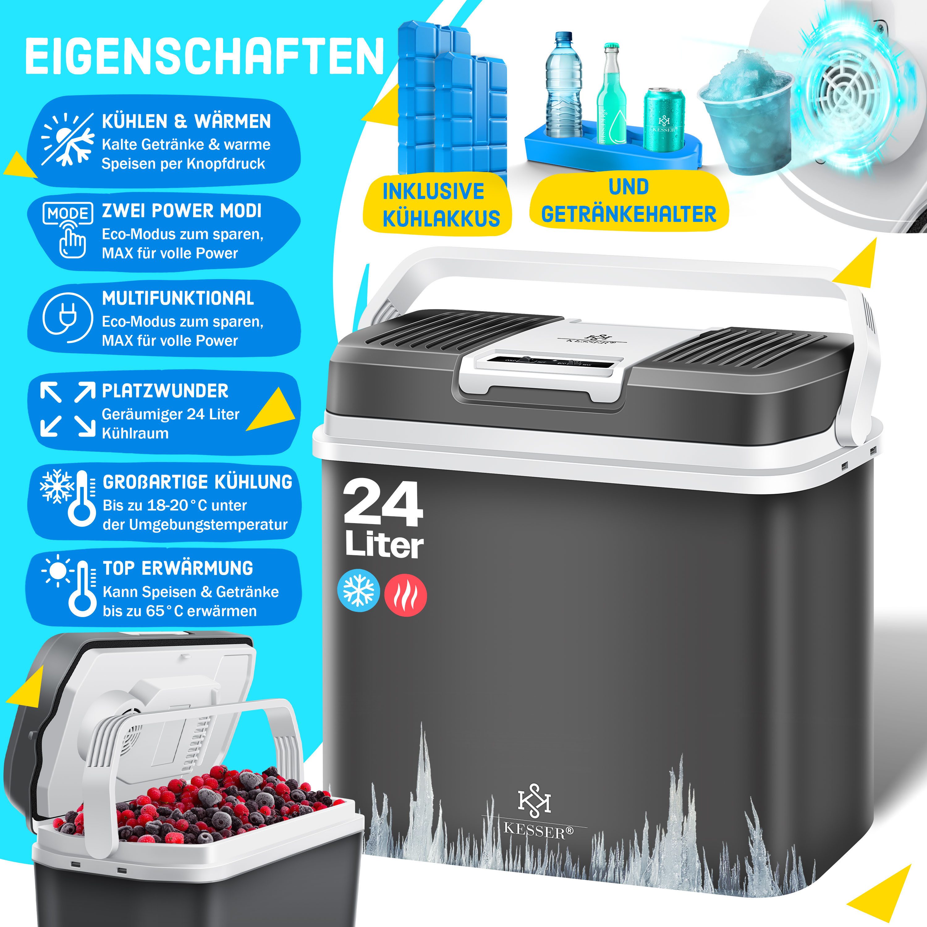 KESSER Kühlbox, 24 l, 24 Liter Kühlbox KÜHLT und WÄRMT Thermo-Elektrische Kühlbox