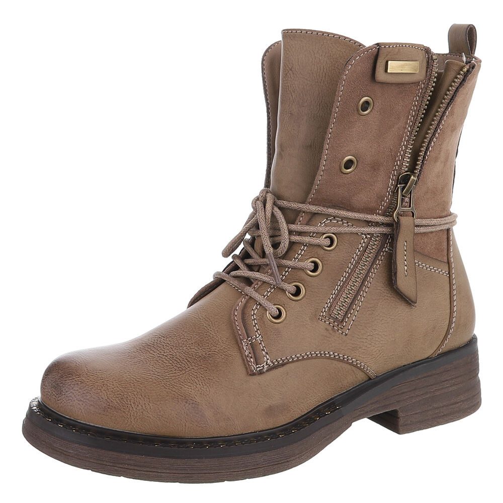 Ital-Design Damen Boots mit Schnürung und Reißverschluss für Alltag Stiefelette (90542922) Blockabsatz Schnürstiefeletten in Hellbraun