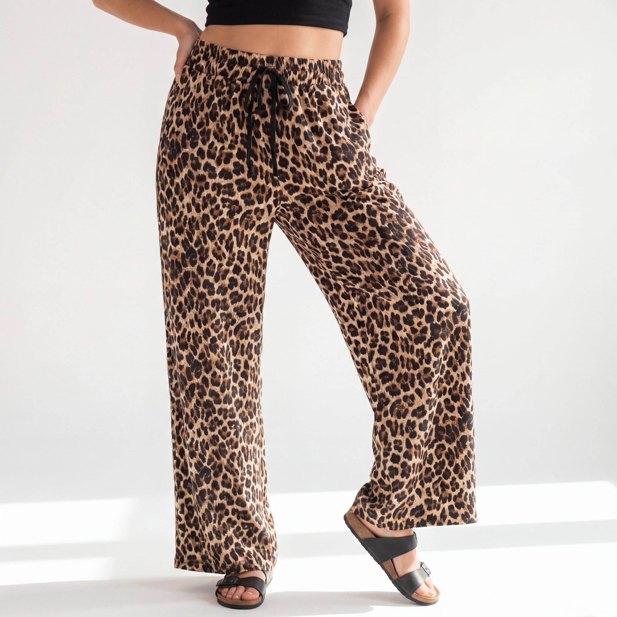 Palazzohose Damen Sommerhose Allover Print Leo Look Schlupfhose mit Stretchbund