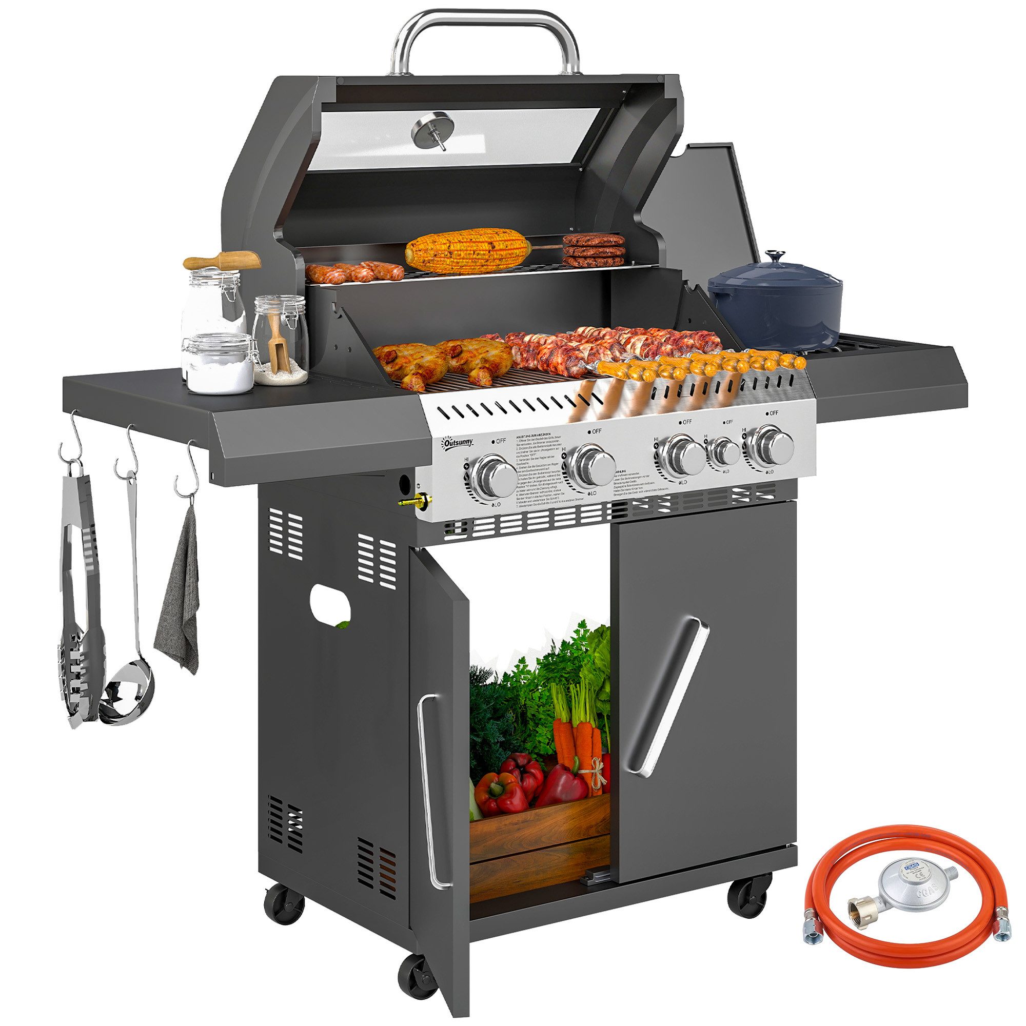 Outsunny Gasgrill inkl 5 Brenner, Seitenkocher, Rolle, BBQ Gartengrill, 12 KW Grillwagen, mit Thermometer, Seitenablagen, für Balkon, Grill 135 x 54 x 110 cm