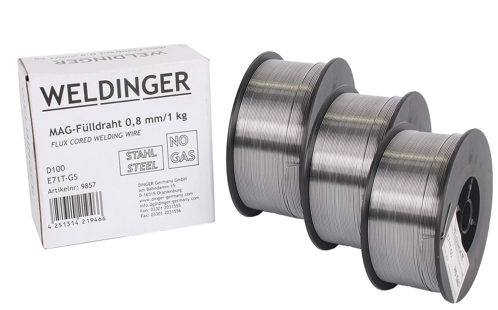 WELDINGER Schweißdraht 3 Rollen Fülldraht D100 0,8 mm (MIG/MAG-Schweißdraht NoGas), (Packung), exzellente Schweißergebnisse