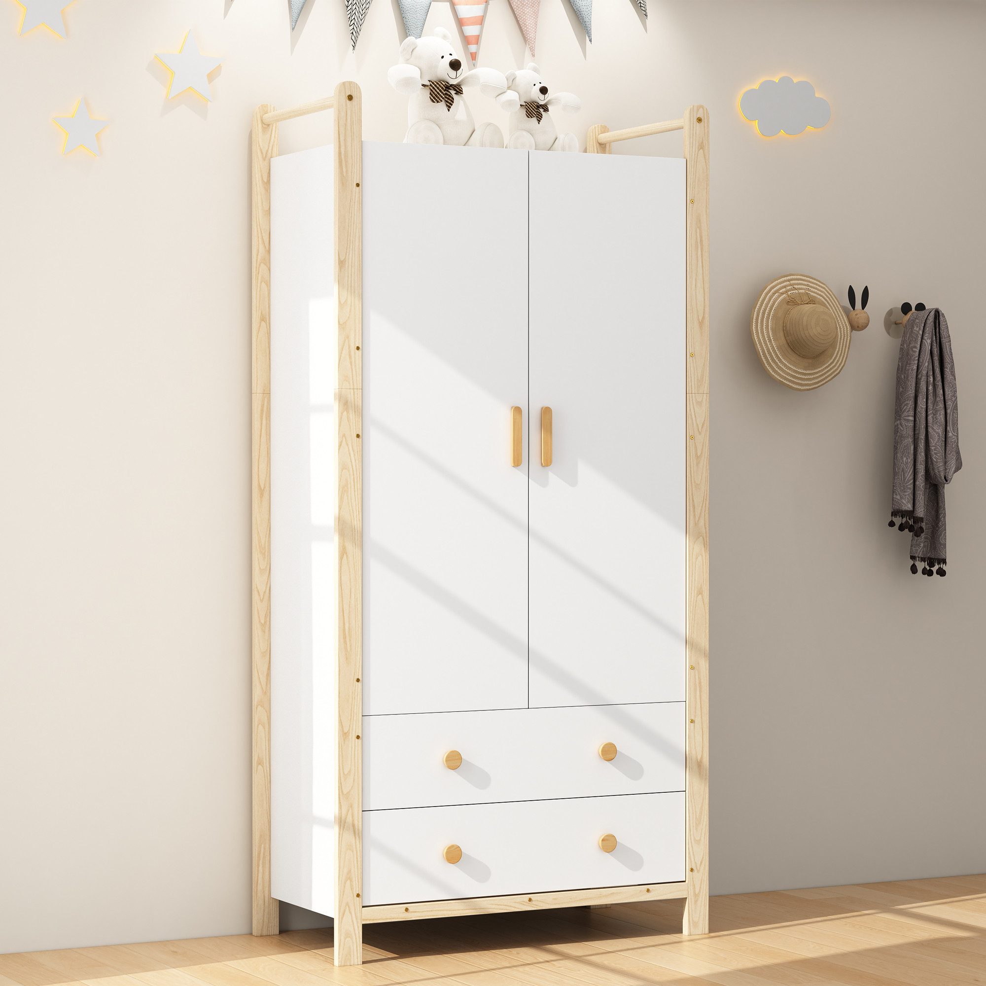 Merax Kinderkleiderschrank Kinder-Kleiderschrank mit 2 Türen, 2 Schubladen, Kleiderstange (1-St., Stauraum für Kinderzimmer) Landhausstil Kleiderschrank, 90×45×180cm