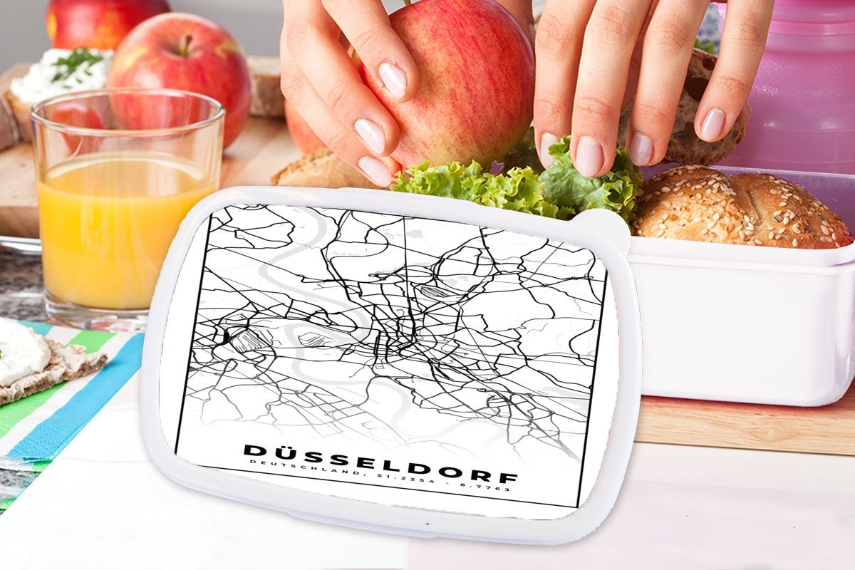 (2-tlg), Brotbox Brotdose, MuchoWow Mädchen Wegbeschreibung, Stadtplan Karte weiß Lunchbox Kunststoff, - und für Kinder für Düsseldorf und Jungs - Erwachsene, -