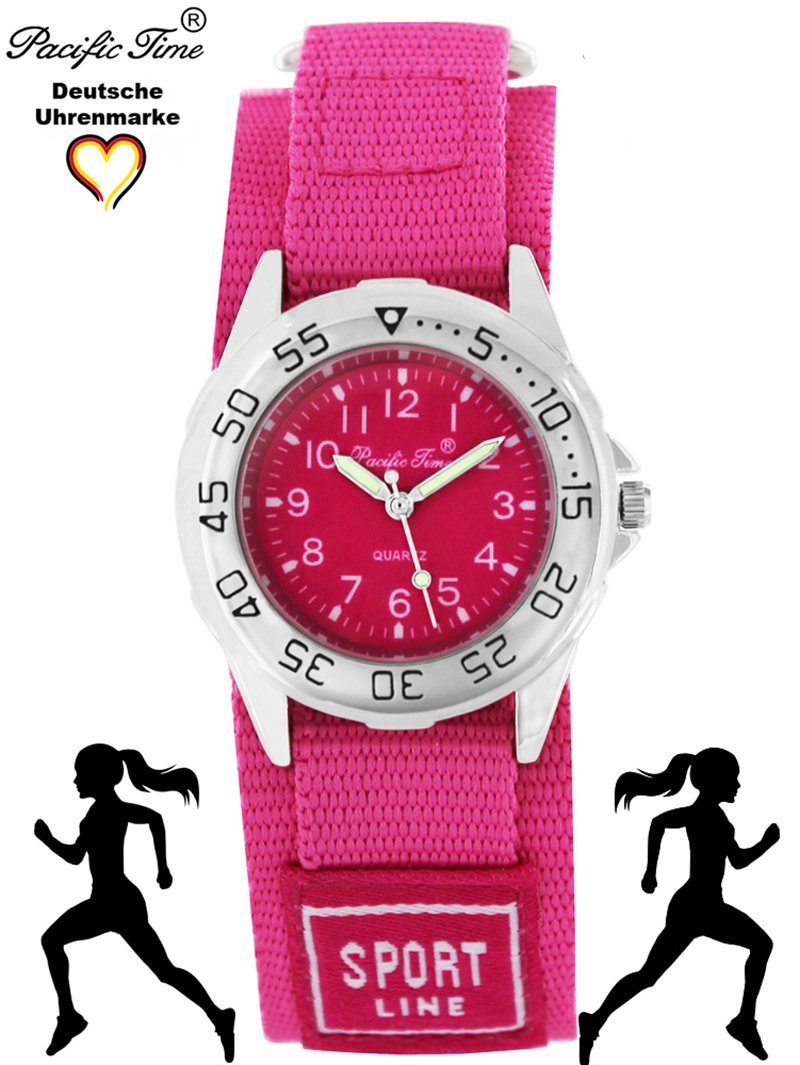 Pacific Time Kinder Armbanduhr Versand schwarz Stoffarmband rosa Klettverschluß, Quarzuhr Gratis Sport