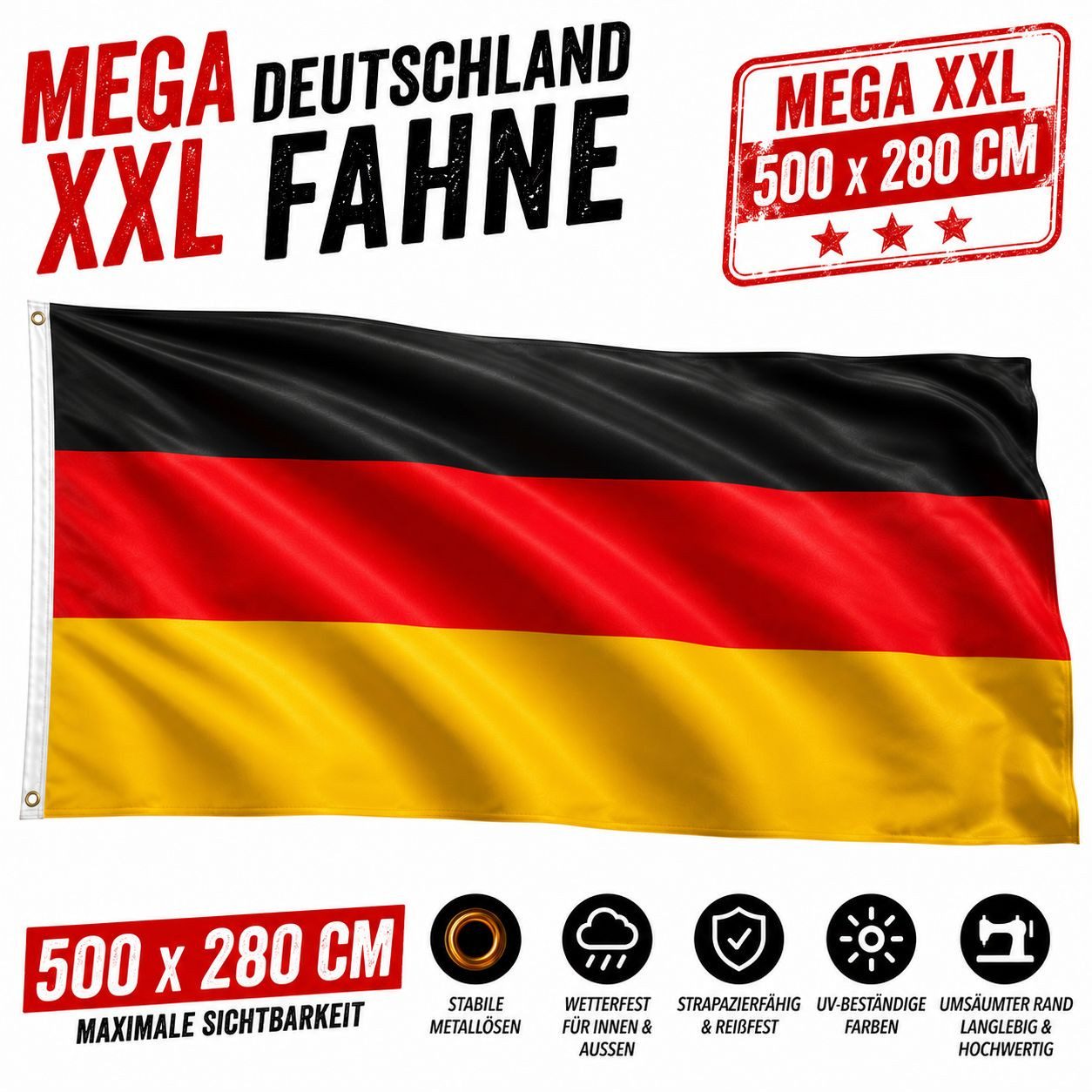 Fahne  Mega XXL Deutschland Fahne 280cm x 500cm Flagge mit Metallösen