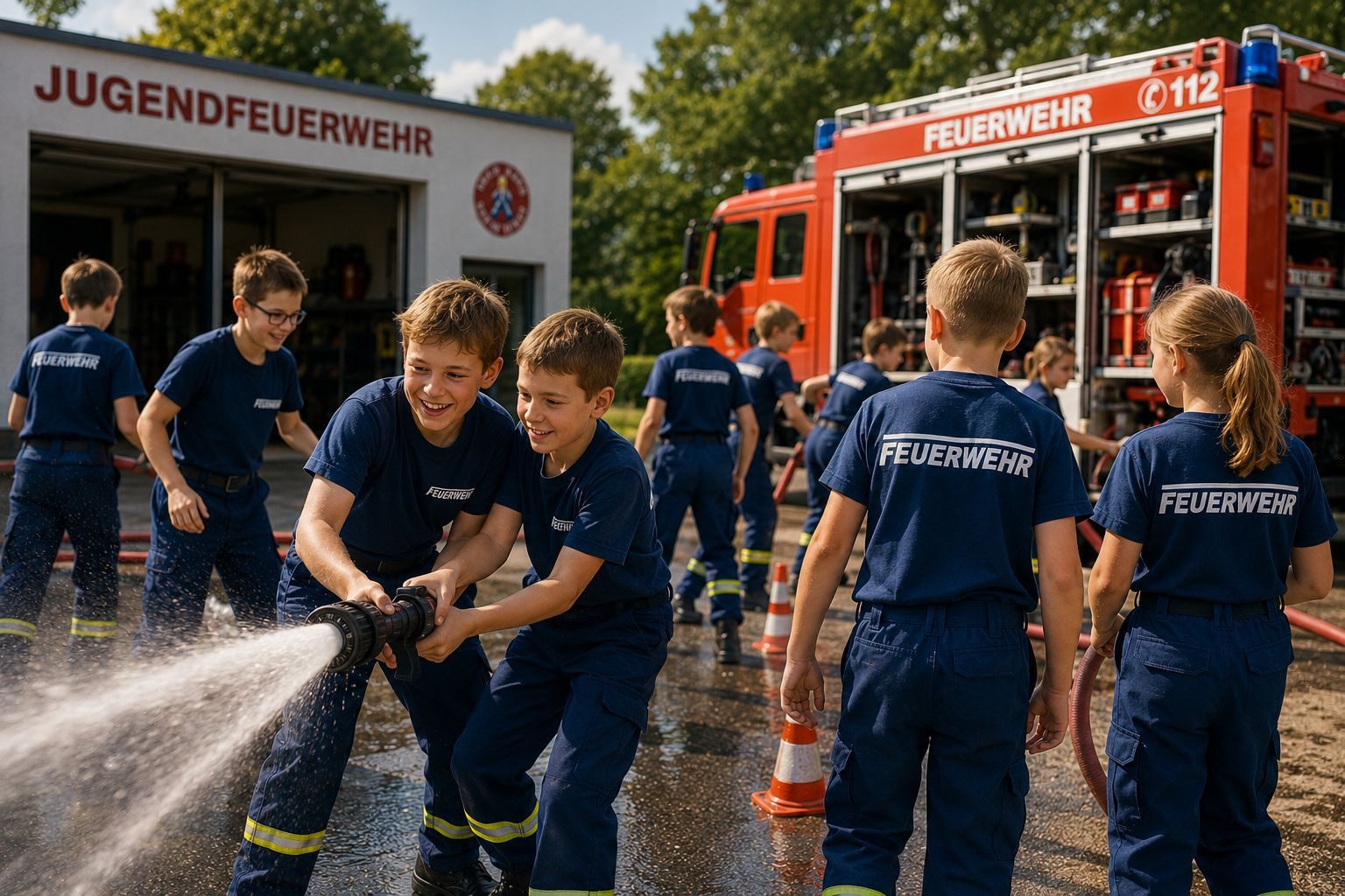 coole-fun-t-shirts Print-Shirt Kinder Feuerwehr T-Shirt Dunkelblau Silber Jugendfeuerwehr Jungen + Mädchen Feuerwehr -T-Shirt Jugendfeuerwehr dunkelblau