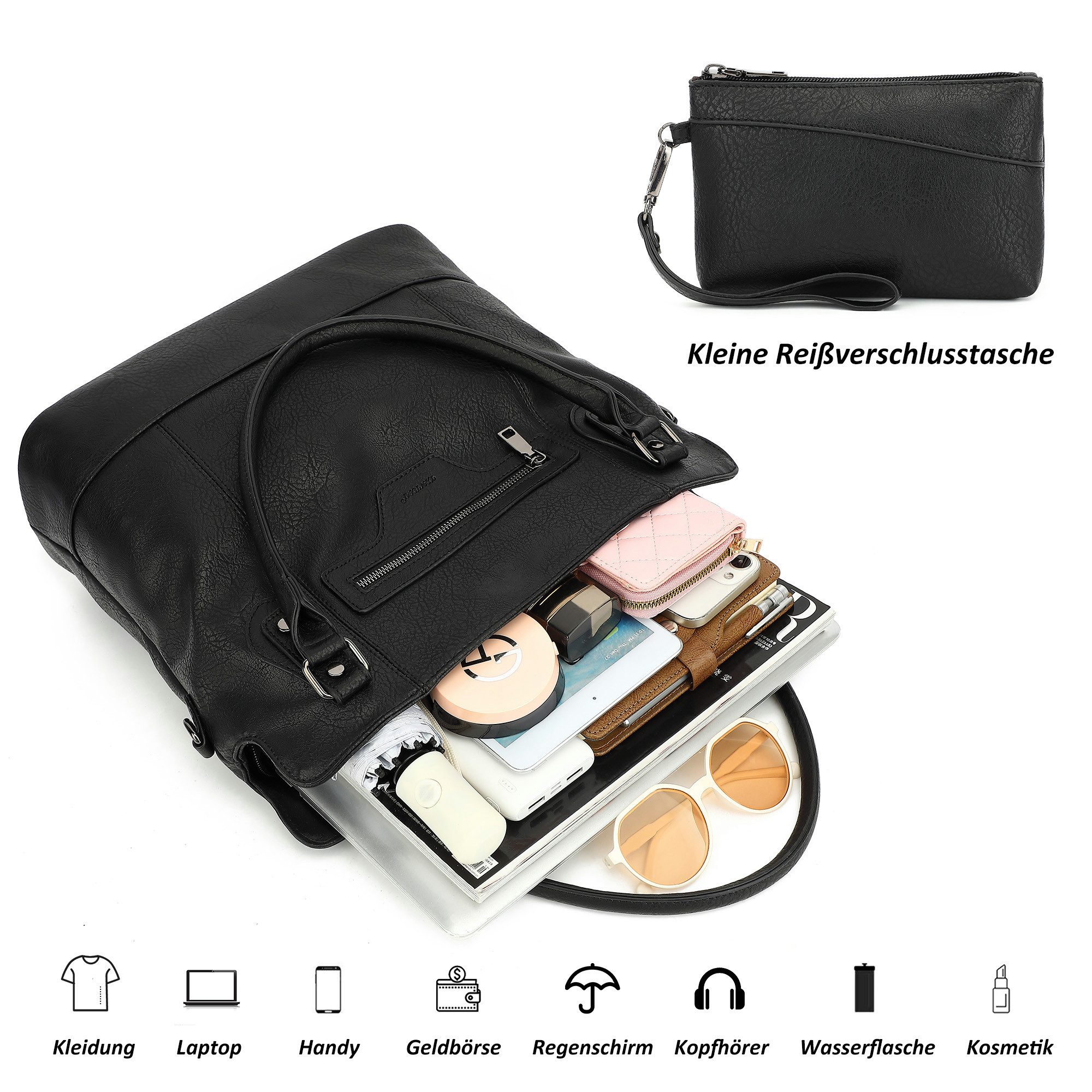 TAN.TOMI Handtasche Damen Schultertasche - Set Shopper Umhängetasche Henkeltasche, Mit abnehmbarem Schultergurt für Einkauf Reise Büro Schule