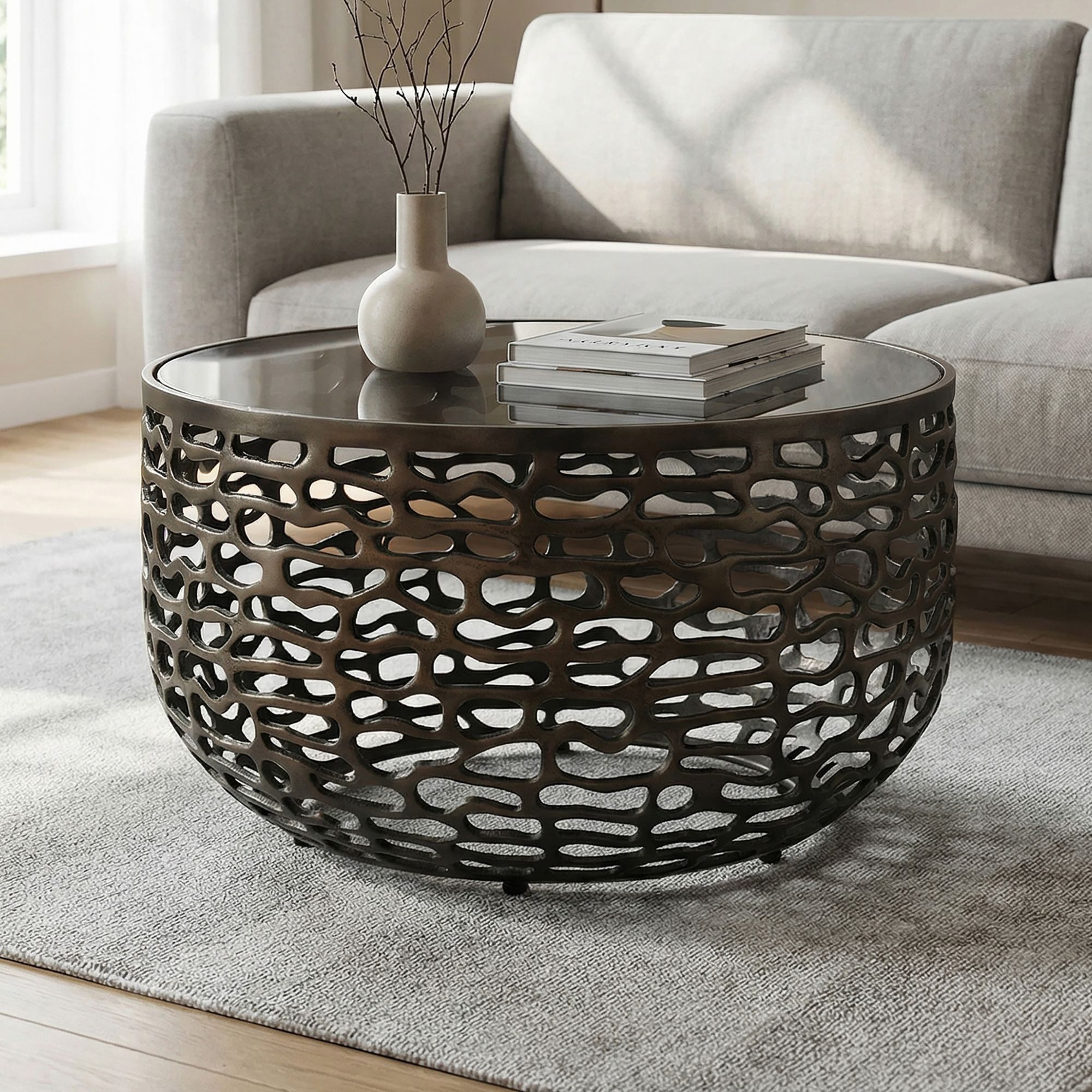 FINEBUY Couchtisch FB116322 Sofatisch Aluminium Glas 60cm Wohnzimmertisch Beistelltisch (Runde Ablagefläche aus elegantem Dunkelglas), Gestell aus Aluminium in organischer Optik
