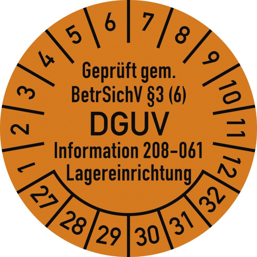 Hinweisschild Prüfplakette BetrSichV §3 (6) DGUV 208-061, 2027-2032, Folie, Ø 30mm