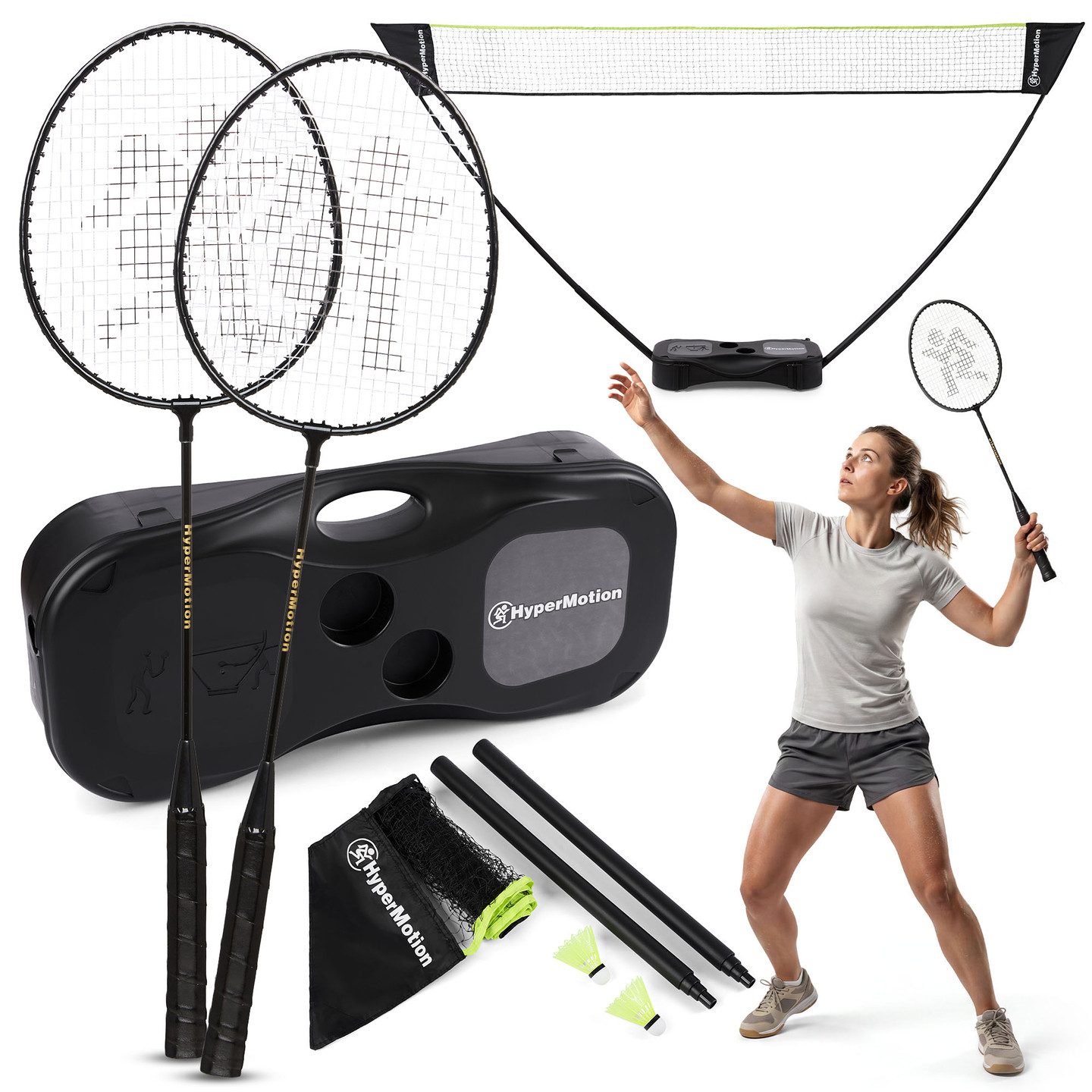 HyperMotion Federballschläger HyperMotion Badminton Set mit Netz Schläger Federbälle Koffer