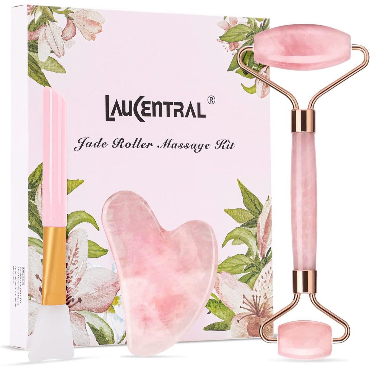 cofi1453 Massageroller Roller & Gua Sha Set aus Rosenquarz – gegen Schwellungen & Falten, Beauty-Set, 3-teiliges Massage-Set, Kühlender Naturstein, Unterstützt Lymphdrainage, Fördert Durchblutung
