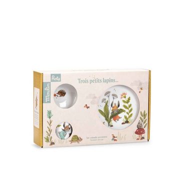 Moulin Roty Kindergeschirr-Set Porzellangeschirr-Set Trois Lapins Teller Schüssel Tasse Silikonboden