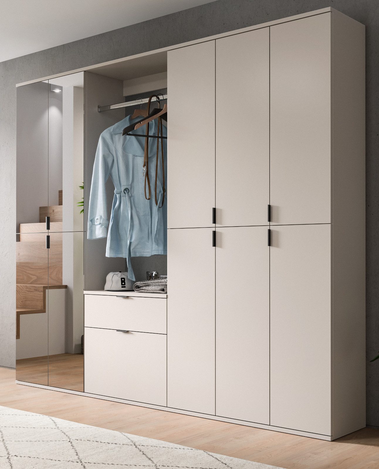 Inn.Furn Garderoben-Set Line-Up, (Komplett-Set Flurgarderobe in Kaschmir / Sand, 4 Spiegeltüren, 213 x 193 cm), mit 18 Einlegeböden variabel einrichtbar