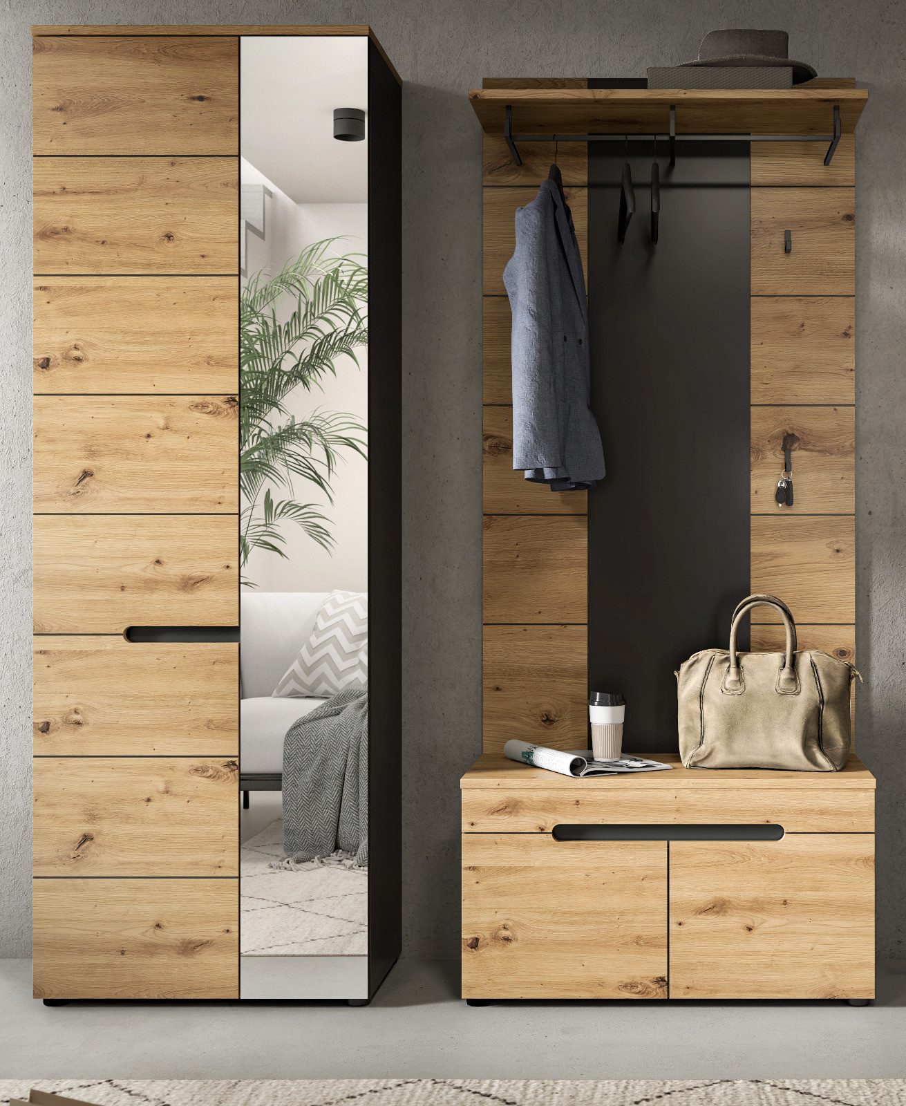 Inn.Furn Garderoben-Set Cooper, (Flurgarderobe in Eiche Artisan und Basalt grau, 3-teilig, 160 x 195 cm), mit Soft-Close-Funktion