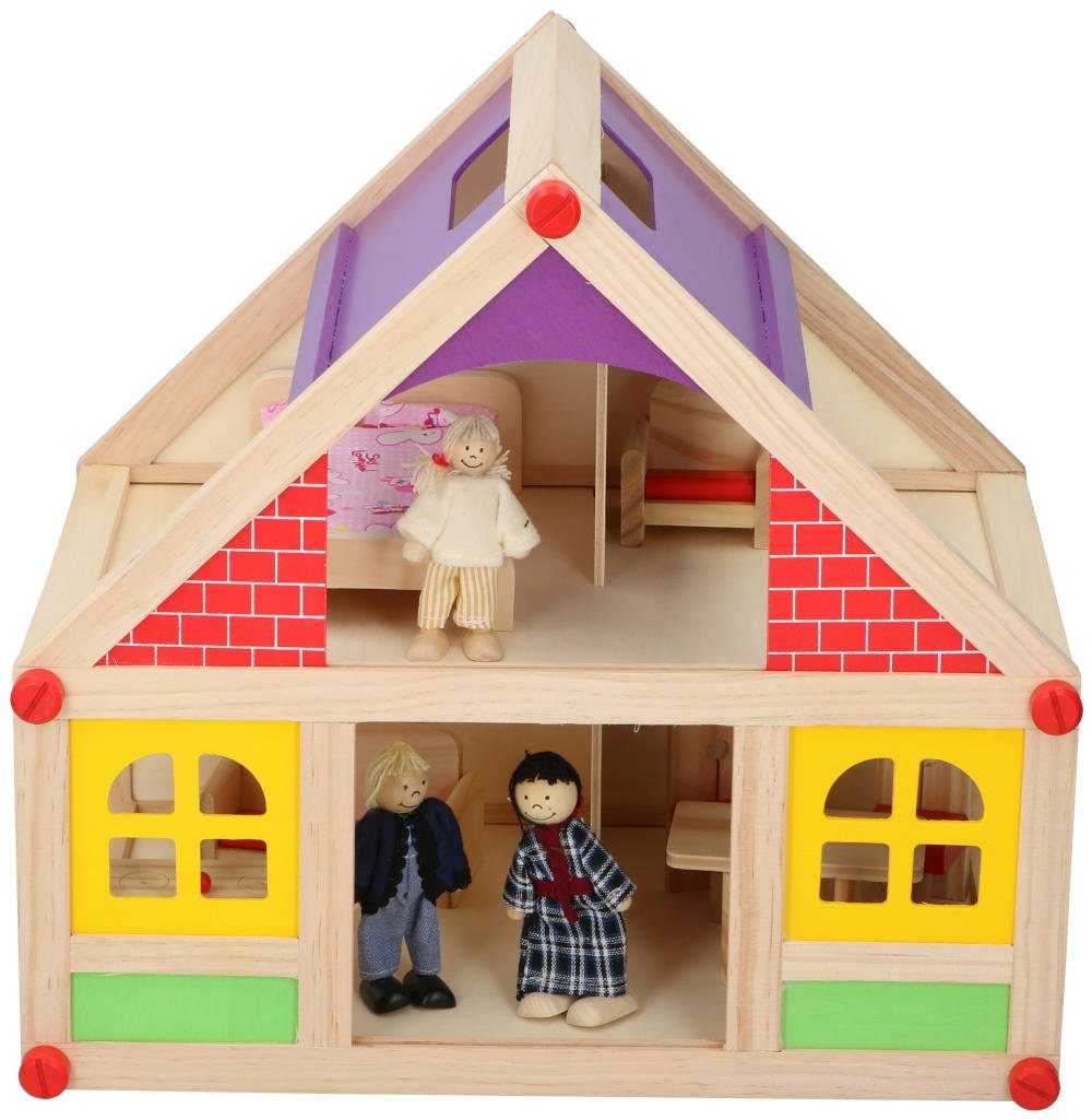 Warenhandel König Puppenhaus Puppenhaus aus Holz inkl. Möbel und Puppen, mit Tragegriff