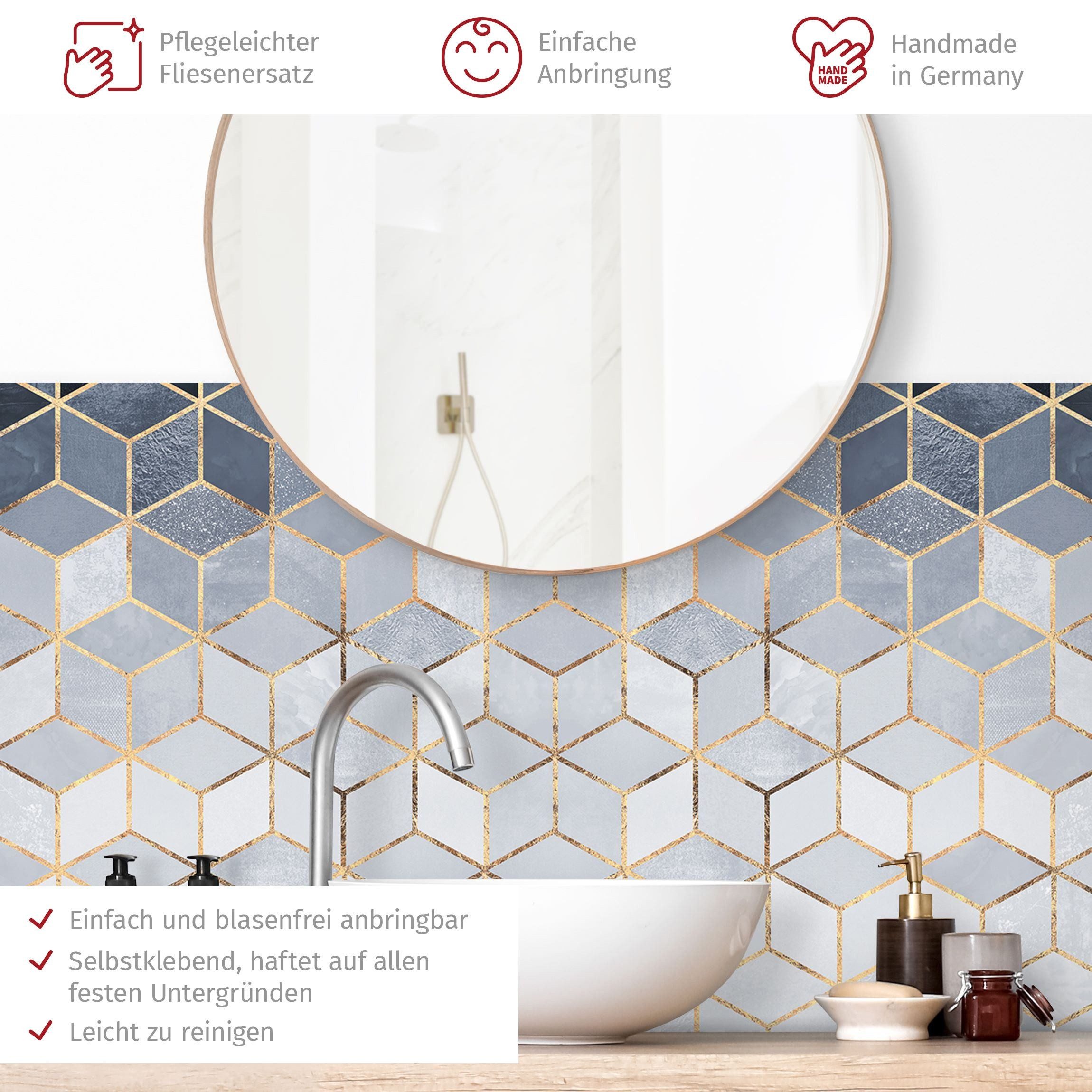 Bilderdepot24 Badrückwand gold fugenlose Wandverkleidung Bad Abstrakt, (Hartfolie matt » Selbstklebend SMART 0,35 mm), wasserfestes Wandpaneel Blau Weiß goldene Geometrie II