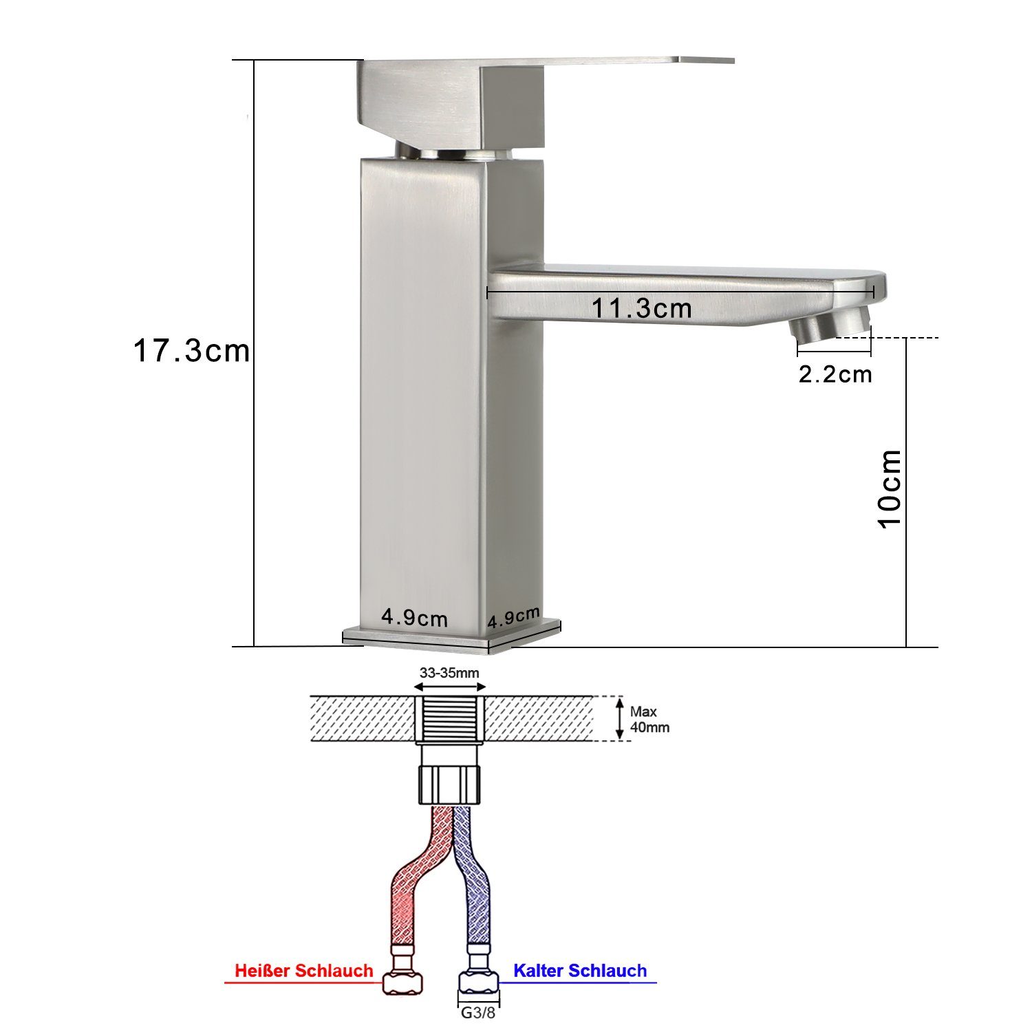 ZMH Waschtischarmatur SUS304-Edelstah Hochdruck 2-Kopf-Schnellanschluss Wasserhahn SUS304-Edelstahl – mit Wasserspar-Belüfter & Schnellmontage
