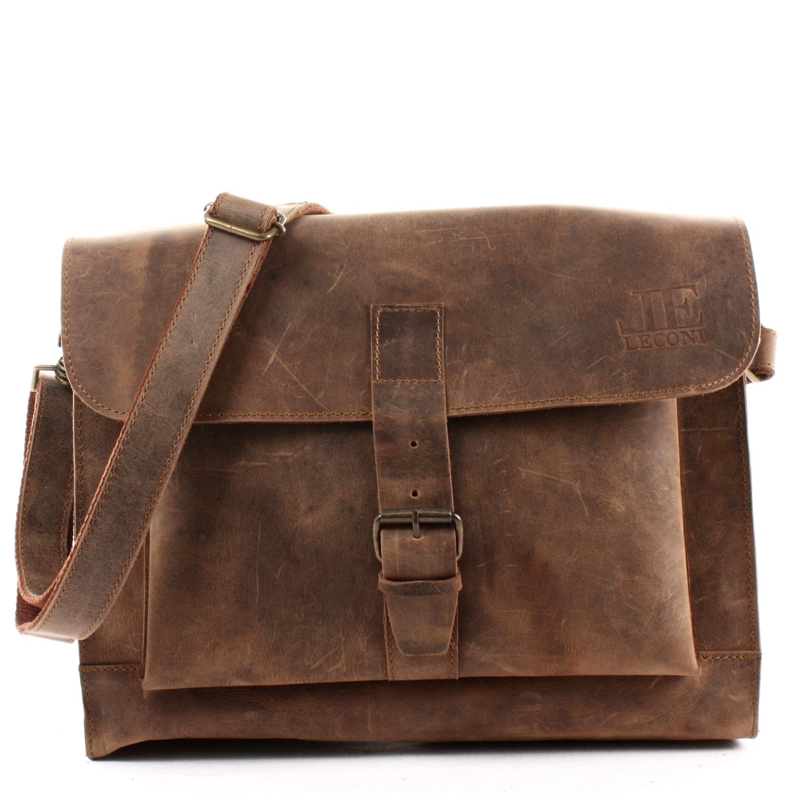 LECONI Umhängetasche Messenger Bag Aktentasche Büro Damen Herren Echt Leder LE3054, Schnallenüberschlag – abnehmbarer Schulterriemen – 38×29×11 cm