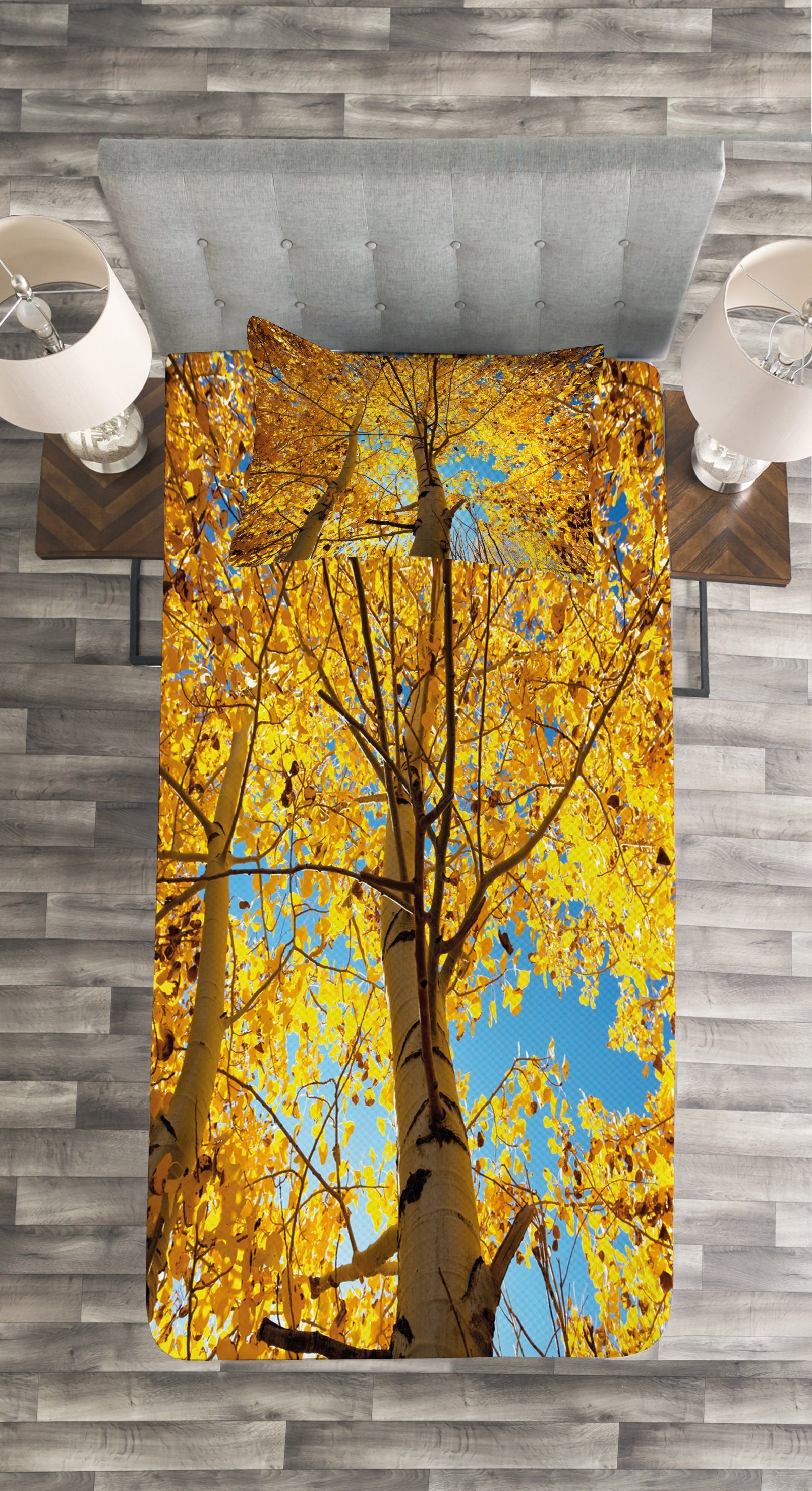 Abakuhaus, Bäume Natur Herbst Wald Tagesdecke mit Waschbar, Kissenbezügen Set Blatt im