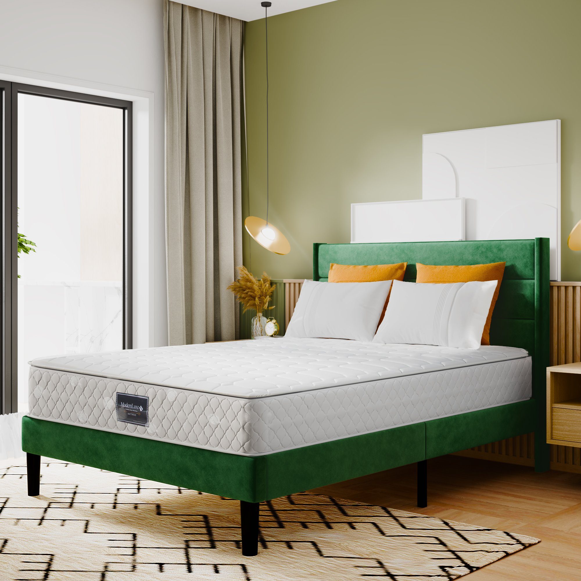 SOFTWEARY Polsterbett (Doppelbett Federn Härtegrad 25 3, Bettbezug grün aus Samt), 620 140x200 mit 7 Zonen, Taschenfederkernmatratze, cm, cm hoch