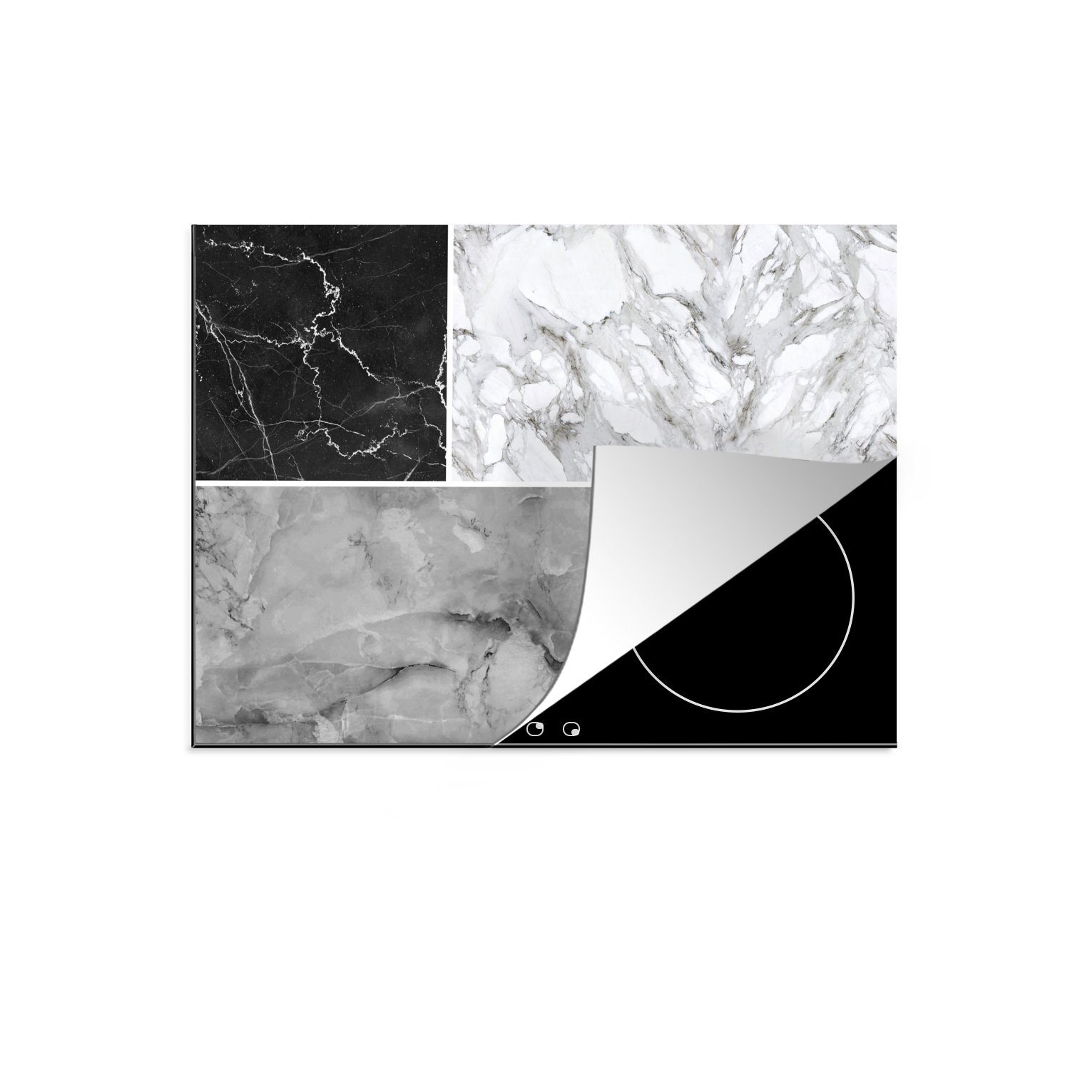 MuchoWow Herdblende-/Abdeckplatte Marmor - Schwarz - Weiß - Grau, Vinyl, (1 tlg), 71x52 cm, Induktionskochfeld Schutz für die küche, Ceranfeldabdeckung