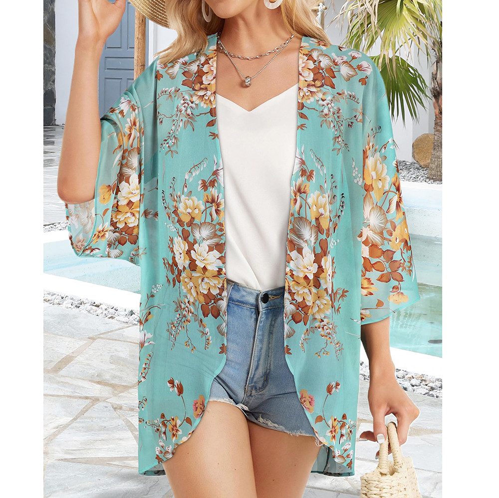 Zaewry Kimono Damen Kimono Cardigan, Sommer-Strandbluse, lockere Strandtunika, Floraler Druck, leichte Strandüberwurf, luftig für Urlaub und Strand – Bild 3 von 5