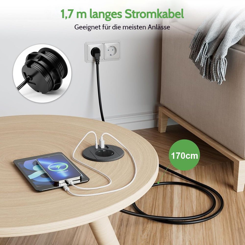 VIVIHEYDAY Unterputz-Steckdose Einbau steckdosenleiste mit PD 10W USB-C, Einbausteckdose, mit USB für Möbel Tischplatte, Tischsteckdose Einbau 1,7M Kabel