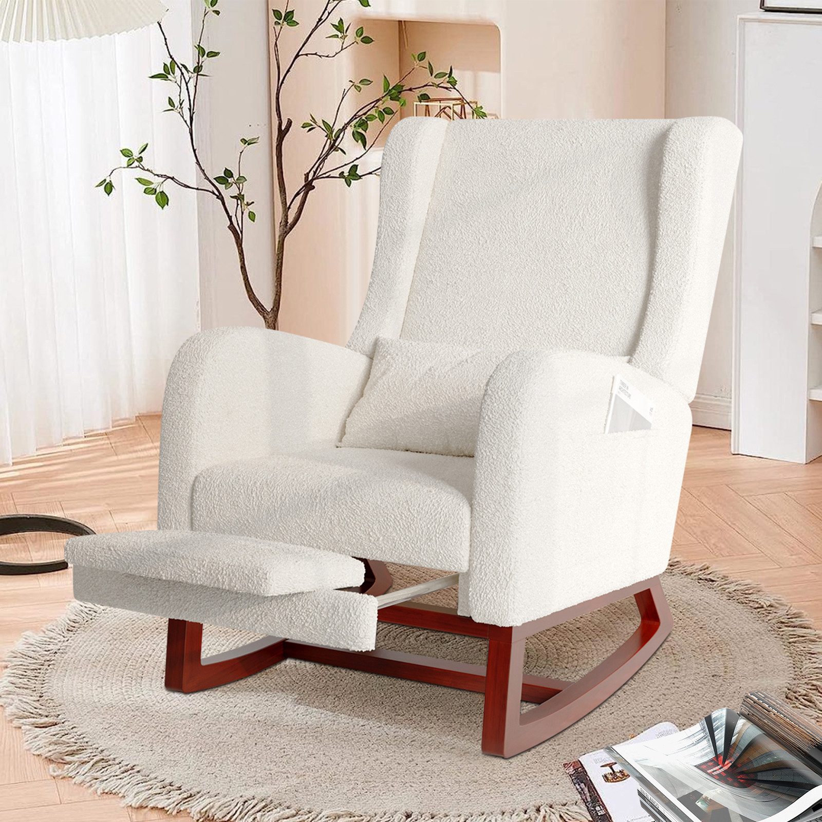 FUROKOY Schaukelstuhl Relaxsessel Stillsessel mit Holzsockel Fußstütze (Set, 1 St), Schaukelsessel,Leinenstoff,2 Seitentaschen,1 Lendenkissen,Beige