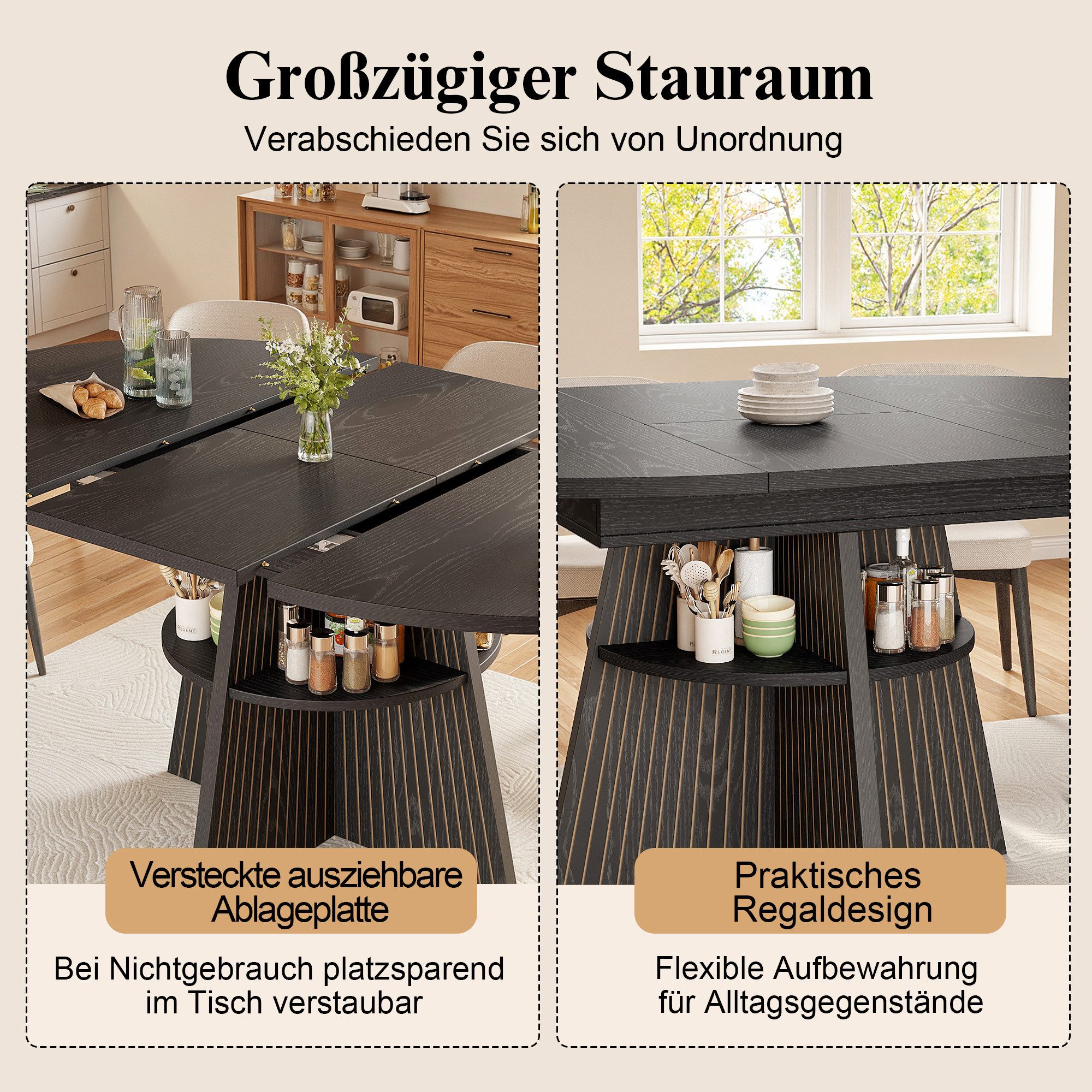 i@home Esstisch ausziehbarer Esstisch platzsparender Multifunktionstisch (Packung Set), offenem Ablagefach verdickte Tischplatte abgerundete Ecken – Bild 4 von 5
