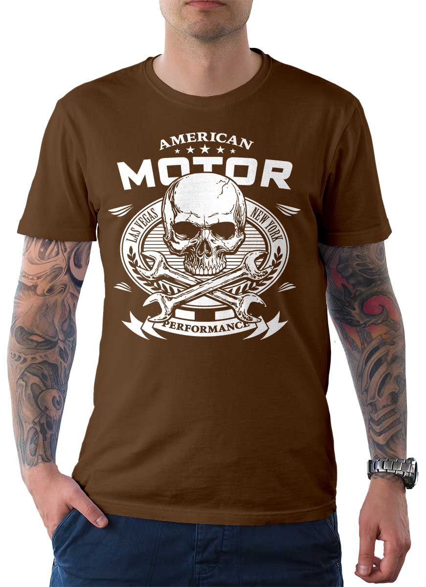 Rebel On Wheels T-Shirt Herren T-Shirt Tee American Motor mit Biker / Motorrad Motiv Braun