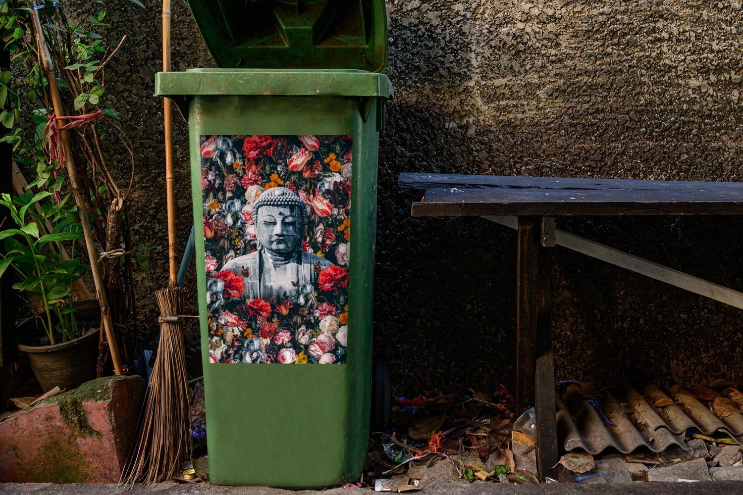 MuchoWow - (1 - Bild St), Sticker, Wandsticker Mülltonne, Blumen Mülleimer-aufkleber, Abfalbehälter Container, Buddha