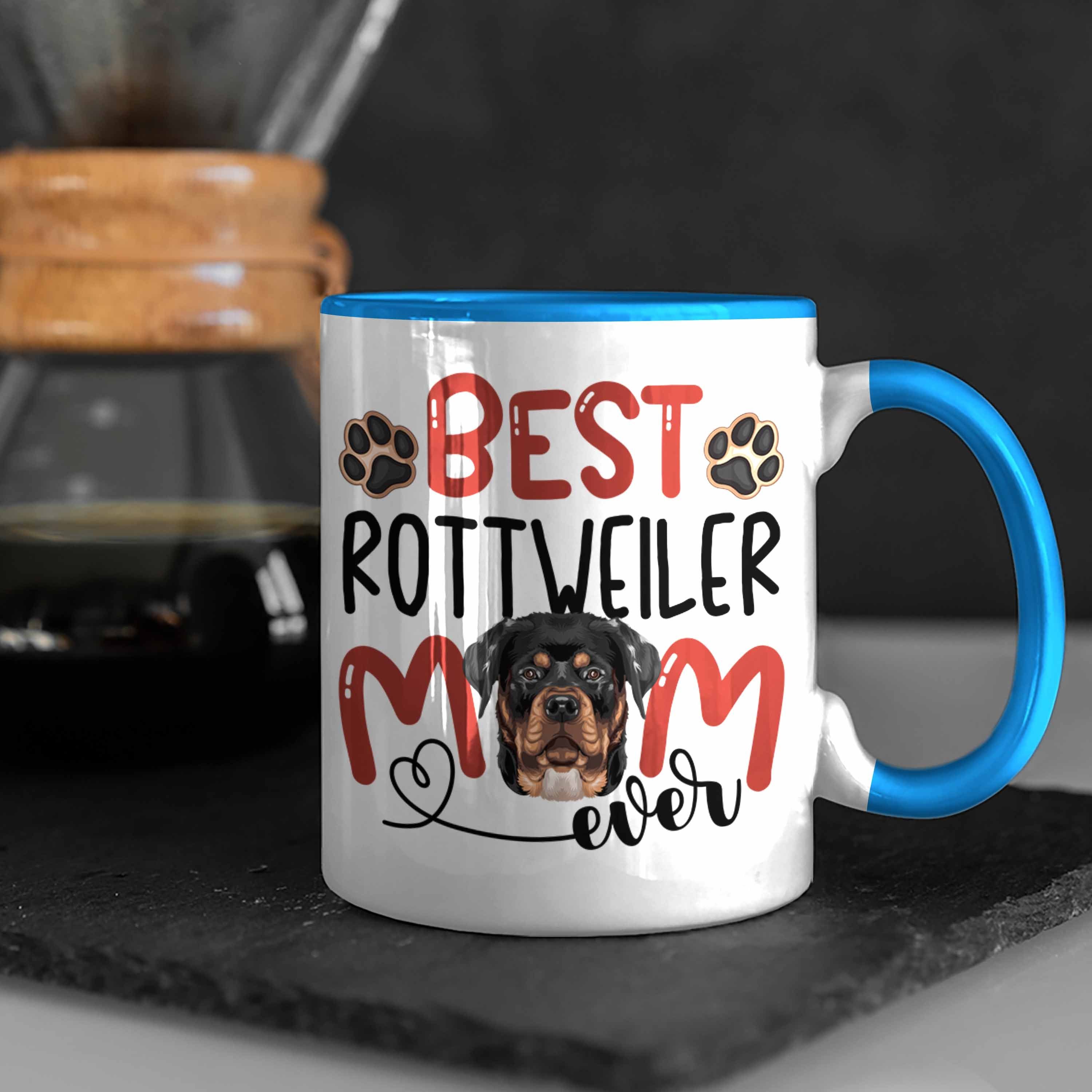 Trendation Tasse Rottweiler Mom Besitzerin Geschenk Spruch Geschenkidee Tasse Blau Lustiger