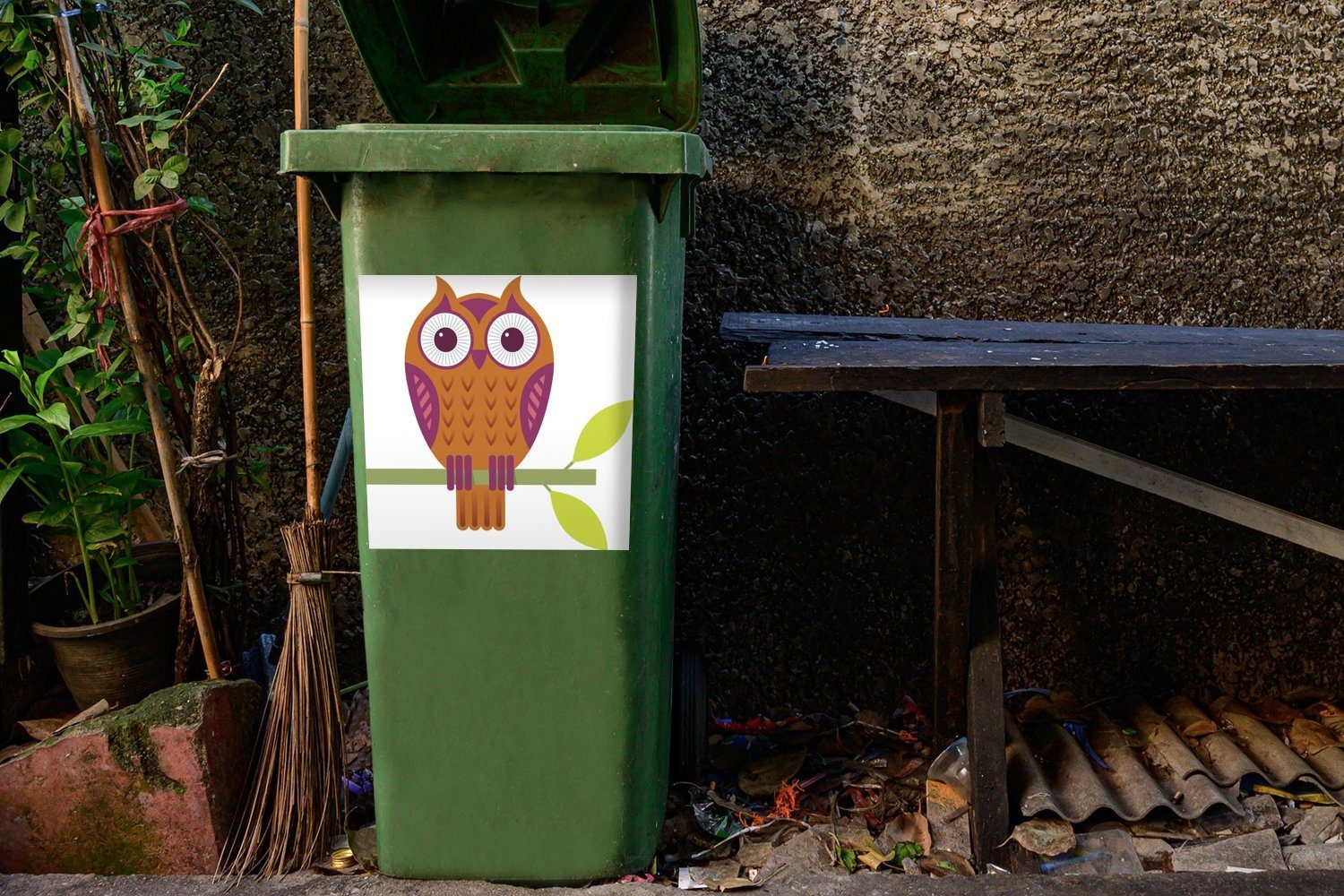 Mülleimer-aufkleber, Illustration Eule MuchoWow Wandsticker einer Sticker, Container, Mülltonne, Abfalbehälter St), (1