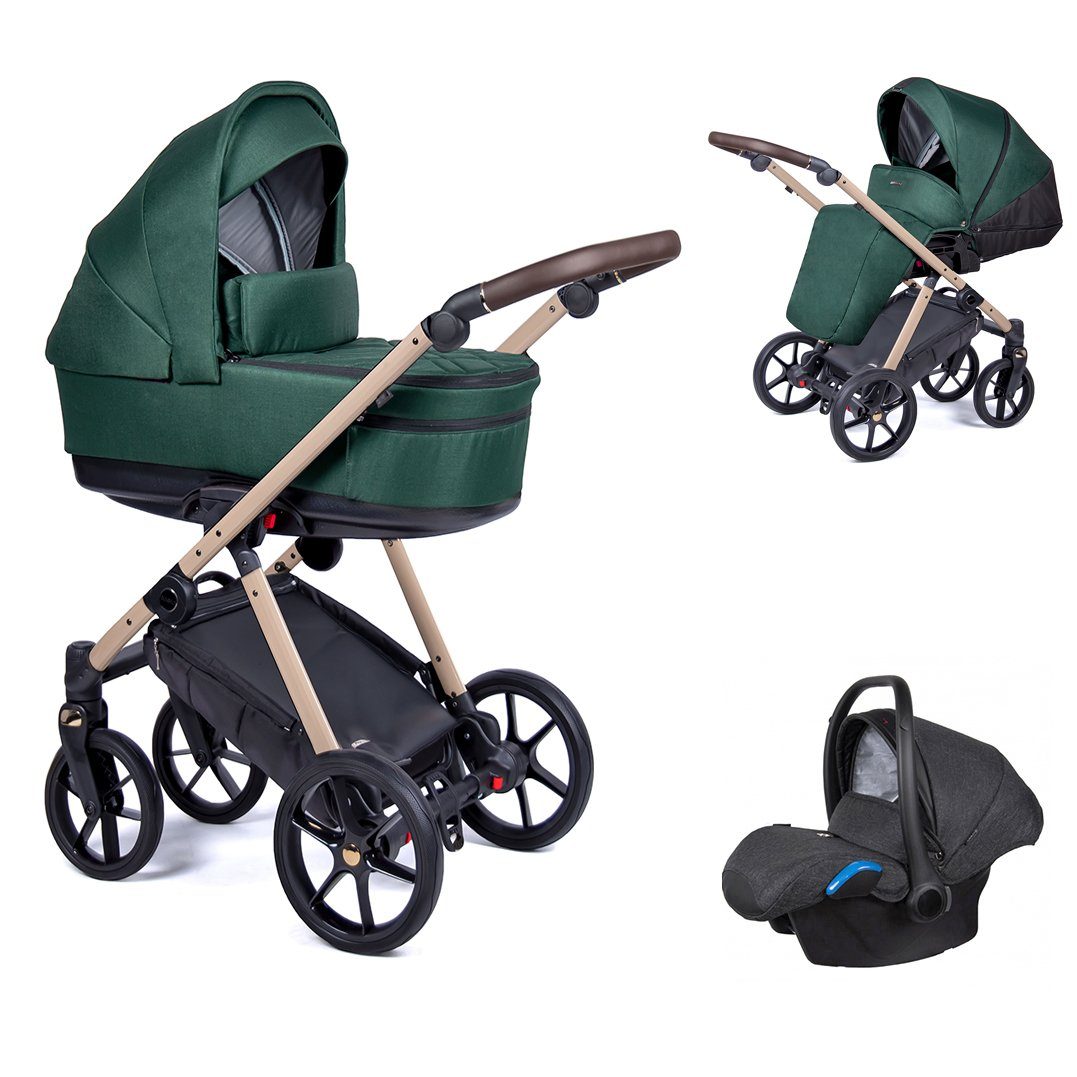 babies-on-wheels Kombi-Kinderwagen 3 in 1 Kinderwagen-Set Axxis - 15 Teile - in 24 Designs Tannengrün = Gestell beige