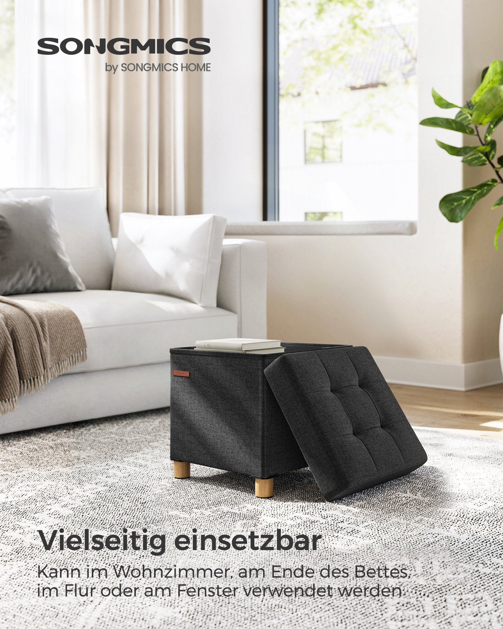 SONGMICS Sitzhocker mit Stauraum, 38 x 38 x 40 cm, für Wohnzimmer Schlafzimmer Schlafsaal, kleine klappbare, Aufbewahrungsbox, bis 300 kg belastbar, schwarz